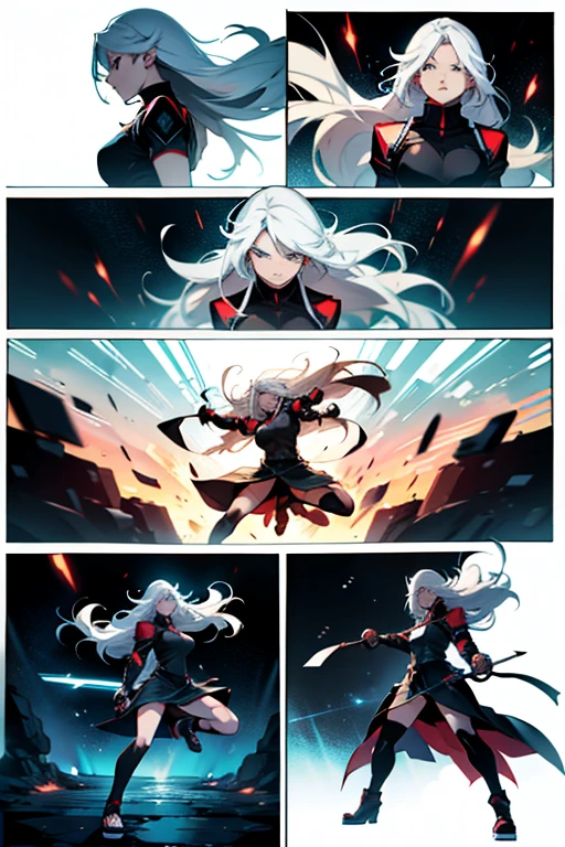 Anime girl with long white hair, fighting, full body shots, manga page with panels and dialogue 