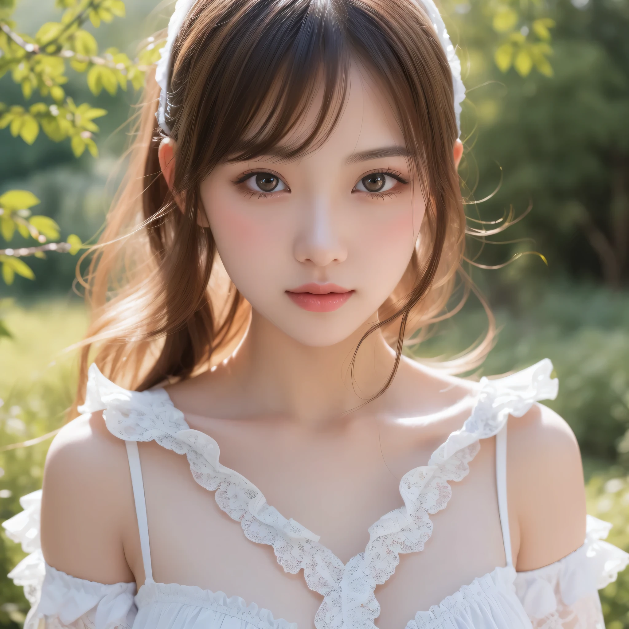 (kawaii face, amazing flat breasts), (Beautiful frills and lace costumes:1.3), Ultra High Definition, Superior Quality, Premier Quality, ultra detailed, Photorealistic, 8k, RAW Photos, highest quality, masterpiece, professional photography, Realistic portrait, Beautiful detailed, Close up portrait of girl, Outdoors, beautiful sight, beautiful scenery, beautiful backgrounds, (Fine face:1.2),