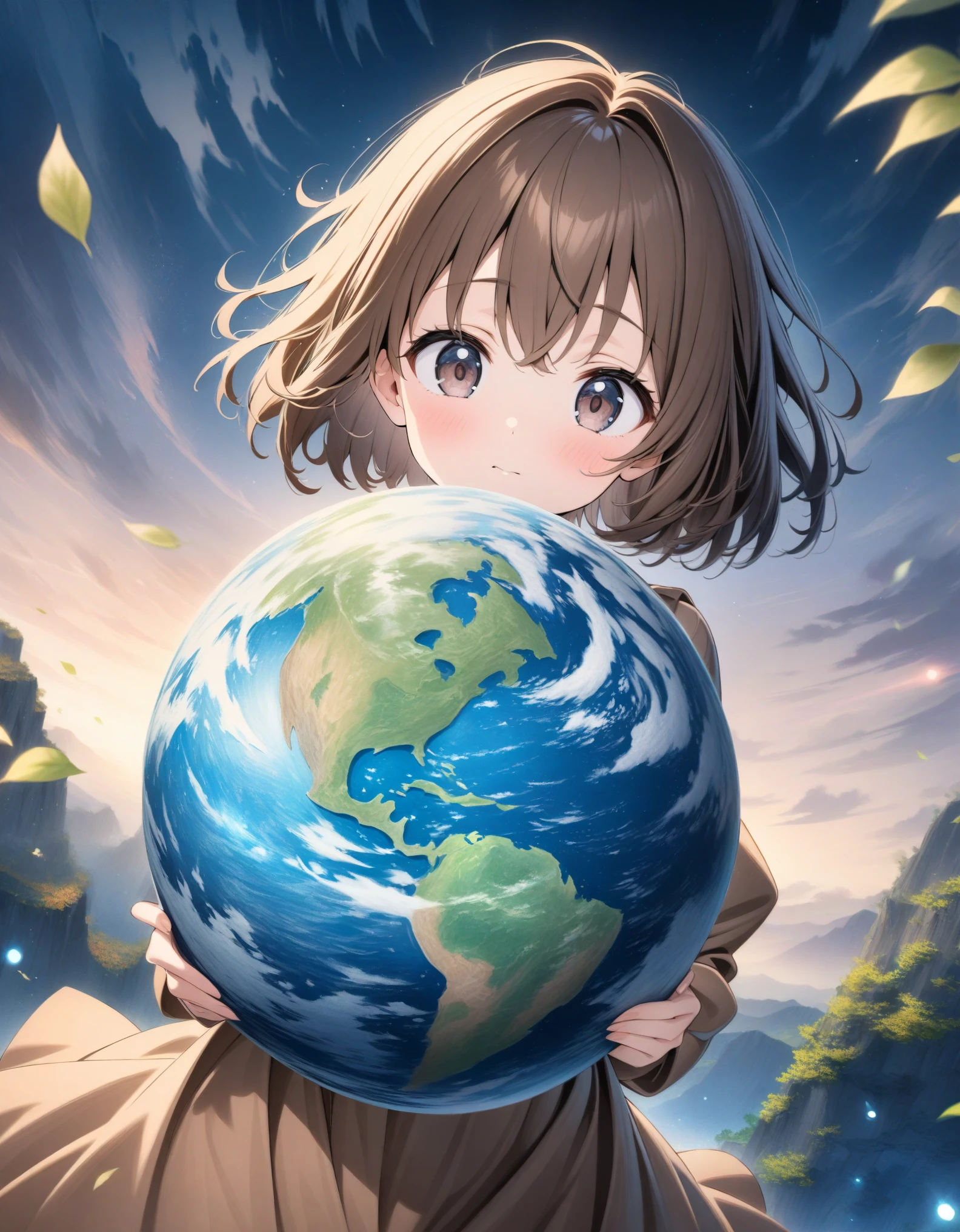 ((style:Colored pencil,pale colour)),(anime)、(masterpiece:1.2),atmospheric perspective,lens flare、Land of Earth、(Princess of the Earth)、Otherworldly fantasy、cute、Leaves are flying around、((A brown dress inspired by the earth))、Light effects、Brown Hair、Droopy eyes、Short Bob、18-year-old