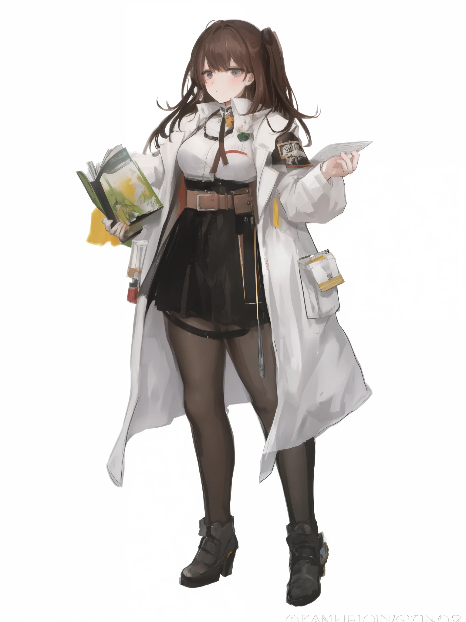 (brown hair swept bangs:1.3), a woman in a white coat holding a green bottle and a book, from girls frontline, fine details. girls frontline, gordon freeman as a woman, anya from spy x family, girls frontline universe, girls frontline style, makoto shinka, professor clothes, girls frontline, girls frontline cg, yayoi kasuma, with a lab coat, female protagonist 👀 :8