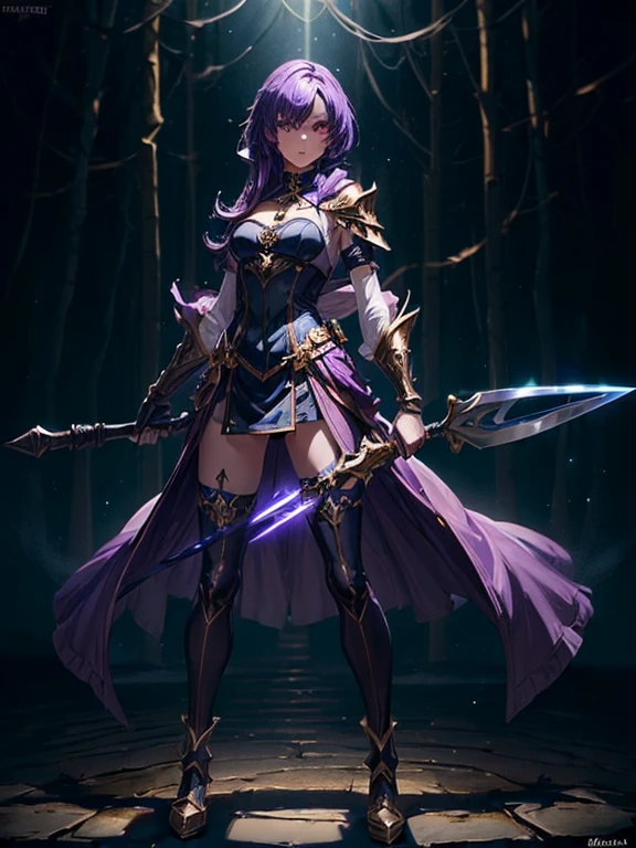 Design a layout showcase Gaming character, (1girl). 
Golden|Purple clothes, stylish and unique. 
((showcase weapon:1.4)), magic staff. 
(masterpiece:1.2), (best quality), 4k, ultra-detailed. 
(Step by step design, layout art:1.5), (luminous lighting, atmospheric lighting). 
magican, ((glove full hands)), (((revealing clothes:1.3))), vambraces, armored legwear, (((full_body_shot:1.4))). 
{In a mystical forest|On a magical battlefield}.
