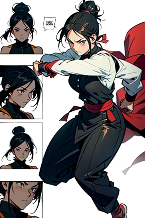 Anime girl with black hair in a bun, fighting, full body shots, manga page with panels and dialogue