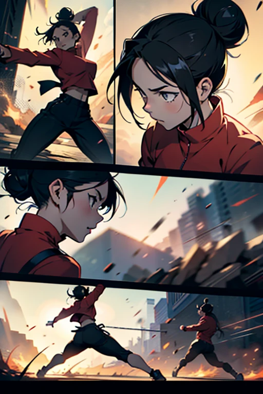 Anime girl with black hair in a bun, fighting, full body shots, manga page with panels and dialogue