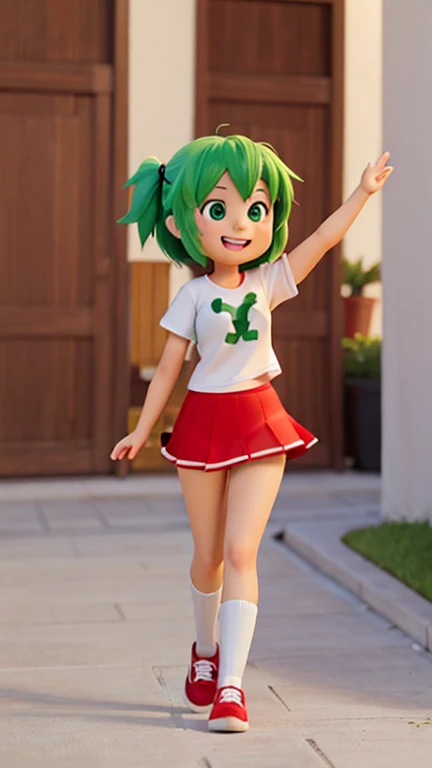 Cute high school girl, smiling, 4 heads tall, 3D character, anime character, green hair, white T-shirt, wearing red mini skirt, full body, facing forward, plain background