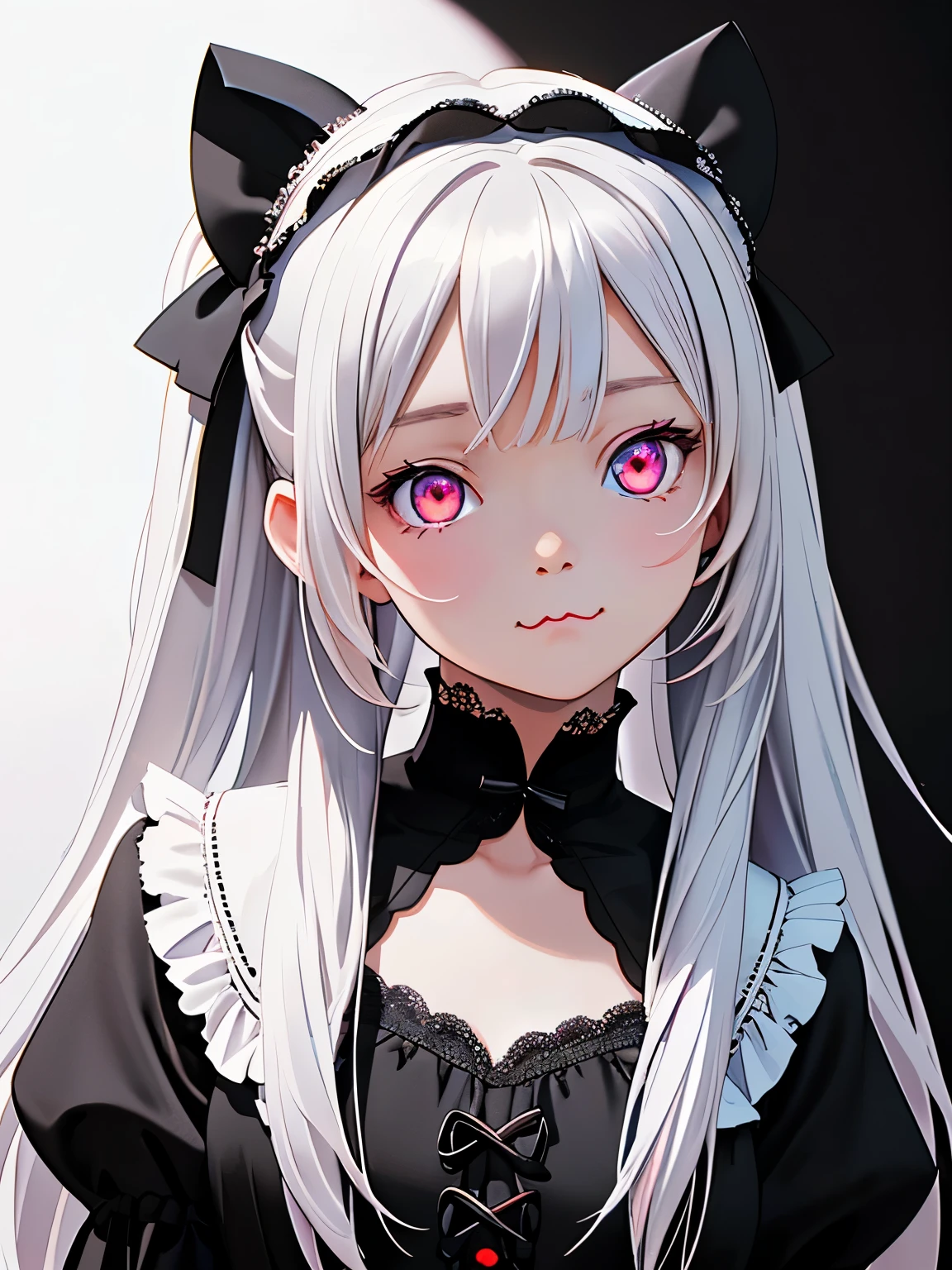 (Realistic:1.4)、Asuna,(masterpiece、Lens flare:1.5、Spotlight:1.2、Exquisite and beautiful ionochrome:1.5,Portrait、)(),()
、Cute Face、 3D Face、(pearl white hair:1.5、Straight hair)、(Twin tails),(1 girl)、(Red eyes:1.2)、(Upper Body)、(:3:1.6),(:3:1.6),(:3:1.6)、(Tilt your head) ,(Cute Face:1.2),(Flat Chest),(),Kind Face,(white Lace Frill Gothic ta),(Black background:1.5)、(Glowing Eyes:1.3)、()、 Neat、Adorable、The body is slim(We say:1.5),Shiny Hair、(Glowing pink skin)、It's not a sketch.,manga,Did G