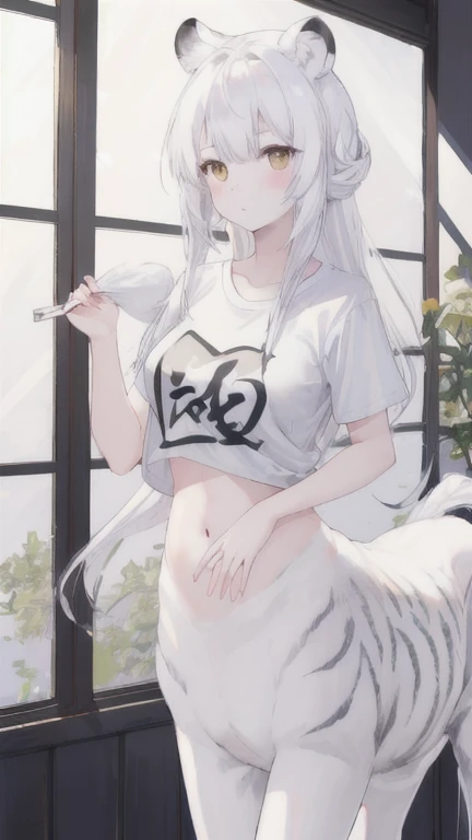 (best quality, masterpiece), 1 girl, centaur, It takes, White skin, Japanese , exposing the abdomen,belly button t-shirt, 아름다운 소녀 perfect wolf photo, perfect wolf photo