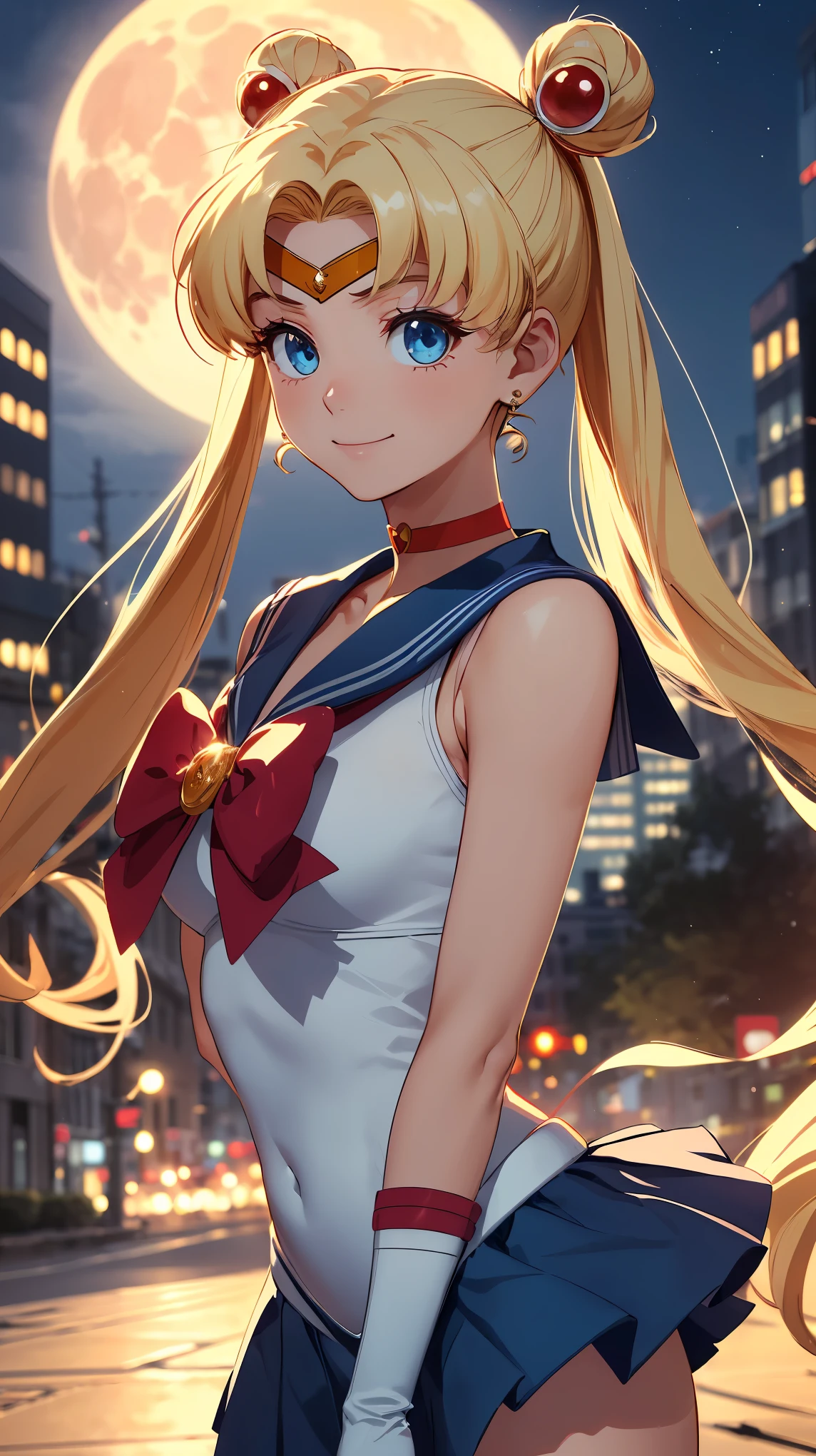 (8k, RAW Photos, highest quality, masterpiece:1.2), High-quality RAW color photos, Professional photography, Cinematic Light, alone, (((young woman))), (Sharp features), (Small face), (Skin with attention to detail:1.2), clavicle, Cute Face, Beautiful appearance, Long eyelashes, (Bunhead, Twin tails), Mid-chest, (Slim figure:1.4), Highly detailed face and skin texture, Fine Eyes, double eyelid, (A shy smile), Sailor Warriors, Sailor Moon, Tsukino Usagi, blonde, Sailor Warriors, blue eyes, White panties, Red scarf, Elbow Bag, tiara, Blue micro mini skirt, choker, White gloves, jewelry, Earrings, ((Dynamic composition with a sense of dynamism, Arms outside the frame)), ((Big Moon:1.2, Midnight downtown background)), Skirt fluttering in the wind,