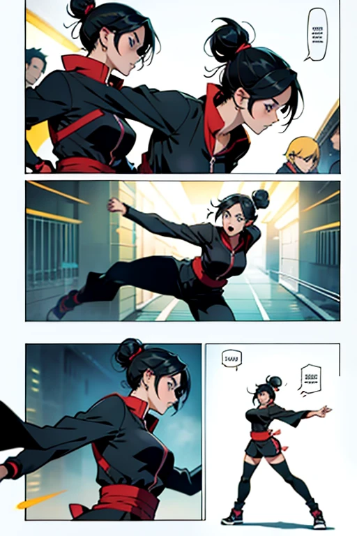 Anime girl with black hair in a bun, fighting, full body shots, manga page with panels and dialogue 