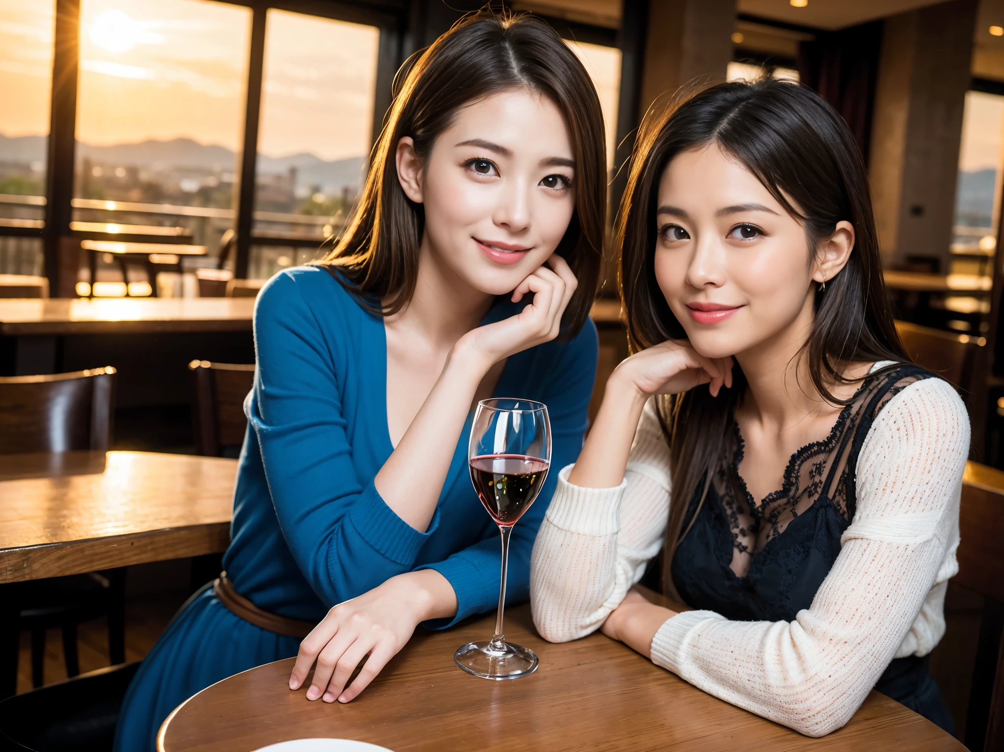 ((highest quality、8k、masterpiece:1.3))、1 male、1 female、Satomi Ishihara lookalike couple、Spouse、Brown Hair Couple、The body is slim、((Bob Hale、Straight hair:1.2)), (Realistic, Intricate details:1.2), テーブルの上のwine glass、Shine light on your face、 Amazing view of the sunset sky and clouds、Amazing mountain views、A bright smile、The wonderfulness of smile、Bright image、The beauty of wine, Beautiful Face, blue eyes, The light shines on your face, Blushing, short hair,Bright Face、 (Age 37), 39 years old, red wine 、Appetizers、Italian food、Wine bottle、Champagne、sparkling wine、Two beauties、Brown Hair、Shortcuts、Long sleeve shirt、dress、Pretty Woman 1, (slimな顔), (The body is slim), (Brown Hair), (Shortcuts), cheeks turn a little red,Attractive beauty、restaurant, In a prominent place (From the waist up) Nova Frog Style, actress, model, Upper Body, White wine, slim, wine glass, 中央に置かれたwine glass, smile, (smile: 1.15), Beautiful fine grain, Depth f/2,saturation, High Contrast, Strong light and shadow,Moist Body:1.5、3D texture、Delicate eyes、Brown Hair、The hair is very shiny、
