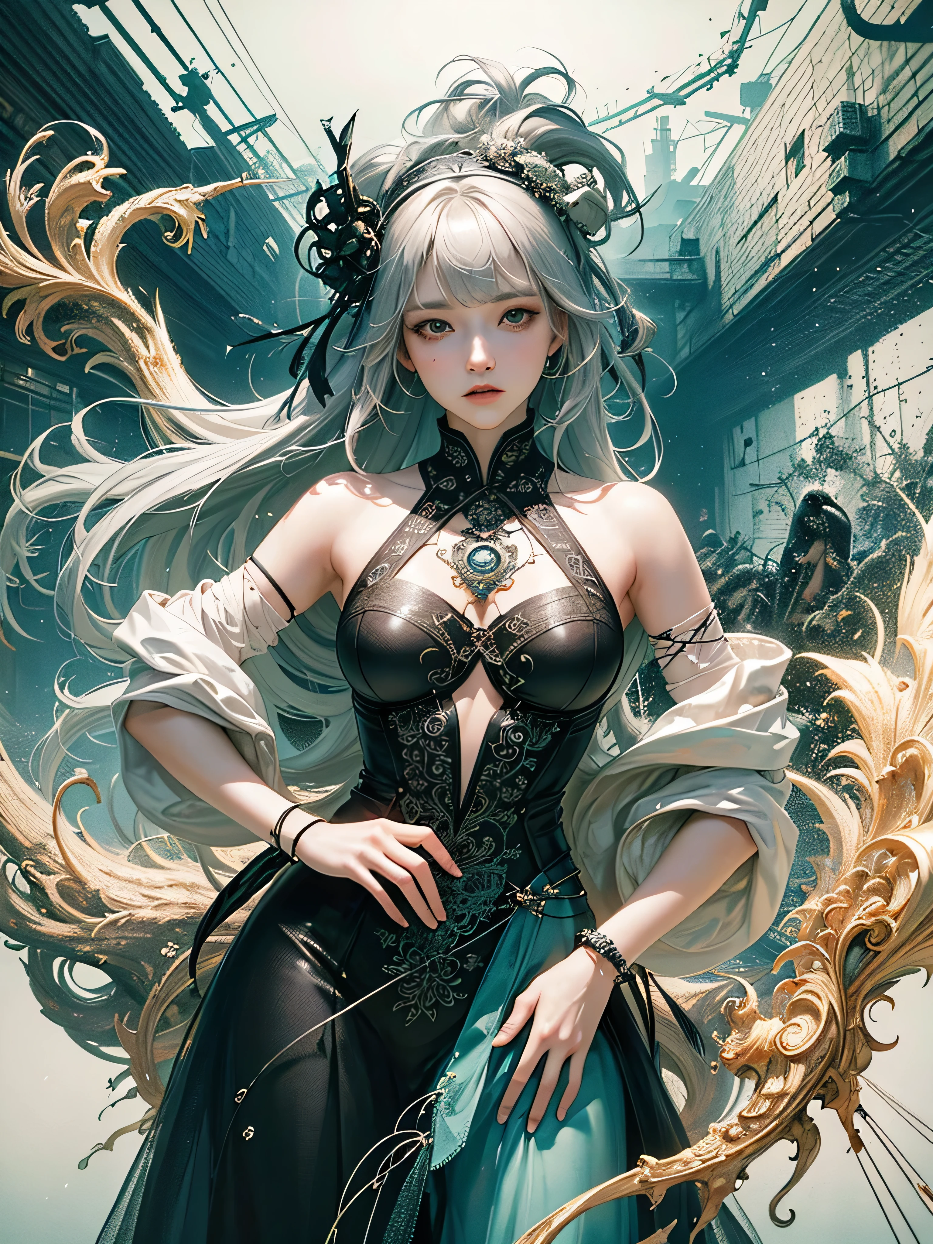 Official Art, Unity 8k Wallpapers, Ultra Detailed, Beautiful and Aesthetic, Masterpiece, Best Quality, (Zentangle, Mandala, Tangled, Entangle), (Fractal Art: 1.3), 1girl, Very Detailed, Dynamic Angle, Cowboyshot, Most Beautiful Forms Chaotic, Elegant, Fauvist Design, Bright Colors, Romanticism, James Jean, Robbie Devi Antono, Ross Tran, Francis Bacon, Michal Mlaz, Adrian Ganey, Petra Kotwright, Gerhard Richter, Takashi Yamamoto, Ashley Wood, atmospheric, ecstatic notes, flow notes visible, (black silk), (whole body),