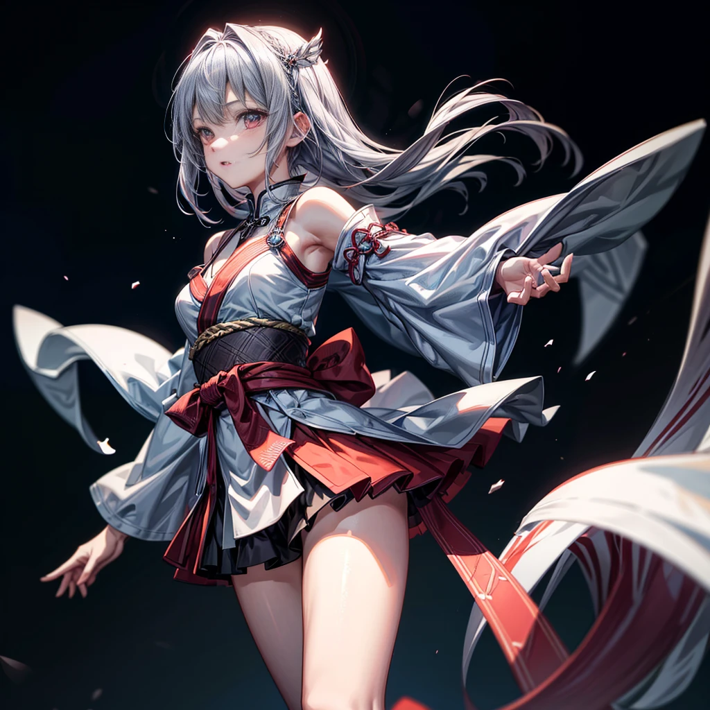 (CG Unity 8K wallpaper with the highest quality and super detail、masterpiece)Japanese 、floating、High resolution、Dynamic Angle、Dynamic pose、Young girl、Silver Hair(1.3)、Red colored eyes、Morbidly cute