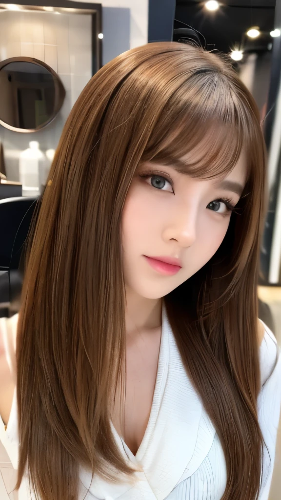 Best quality, 8k, ,Masterpiece :1.3)), facing viewer,((full body1.2)) ,pretty woman, wide shot ,1girl, , selfie , , Hair salon, brown hair , bangs,ultra-detailed face, highly detailed lips, detailed eyes, double eyelid