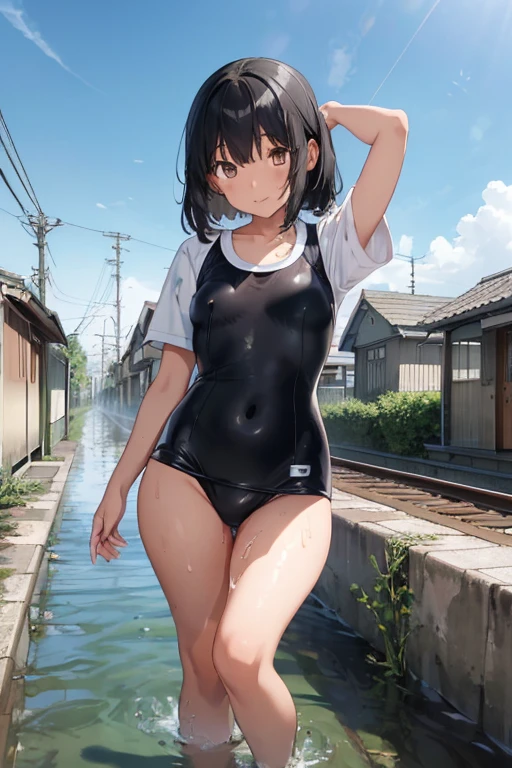 -yeld giBlack Hair, Dark Eyes, Japanese girl, School Swimsuit, ), Railway stations(Rural Station, A roofless platform, Submerged railway line,Clear and clean water)