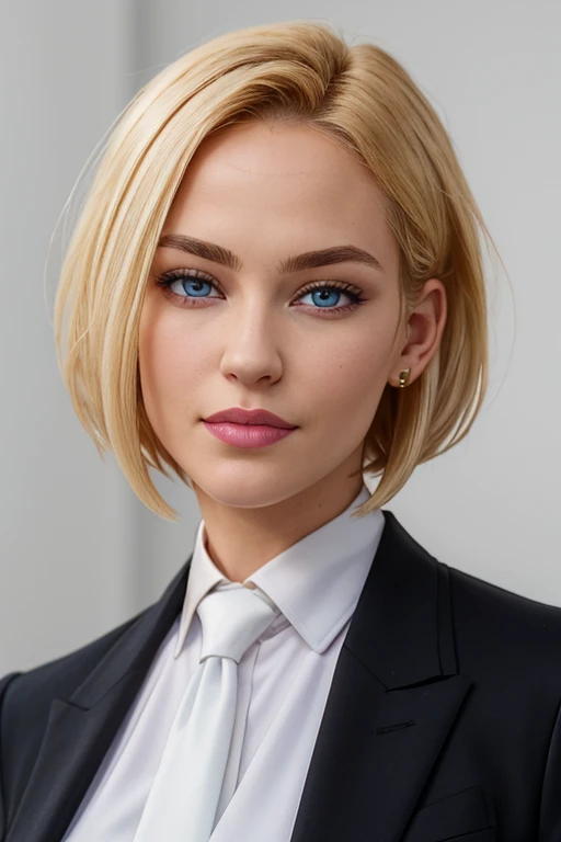 masterpiece, high quality, best quality, realistic, fine detail, formal black suit, black necktie, white shirt, Black Suit, Black Jacket Coat, Formal Look, large breasts, (muscular female:0.8), portrait, upper body, blank background, Agent L, blue eyes, blonde hair, short hair, bob hair, black suit, black jacket