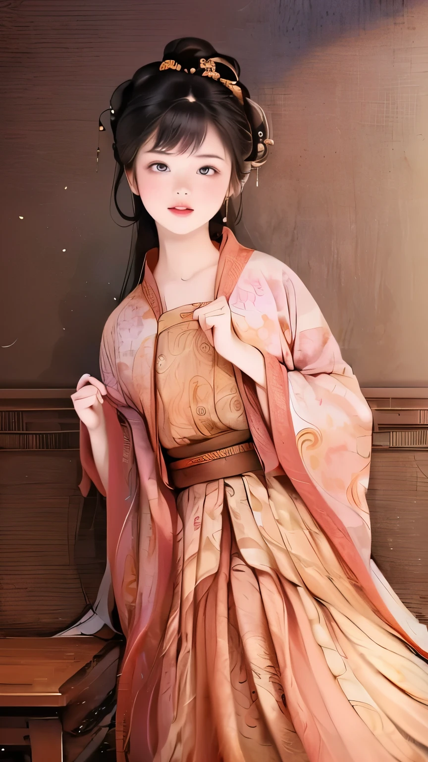 ((high-definition Chinese traditional ink image, gorgeous-hanfu)), (hand-drawn), (various patterned feminine casual dress), ((round face, eyes with realistic sizing, drooping eyes, blush, sweat, shame smile, thin lips, spread her legs)), (((standing to hit her crotch the corner of the table, orgasm))), open mouth,