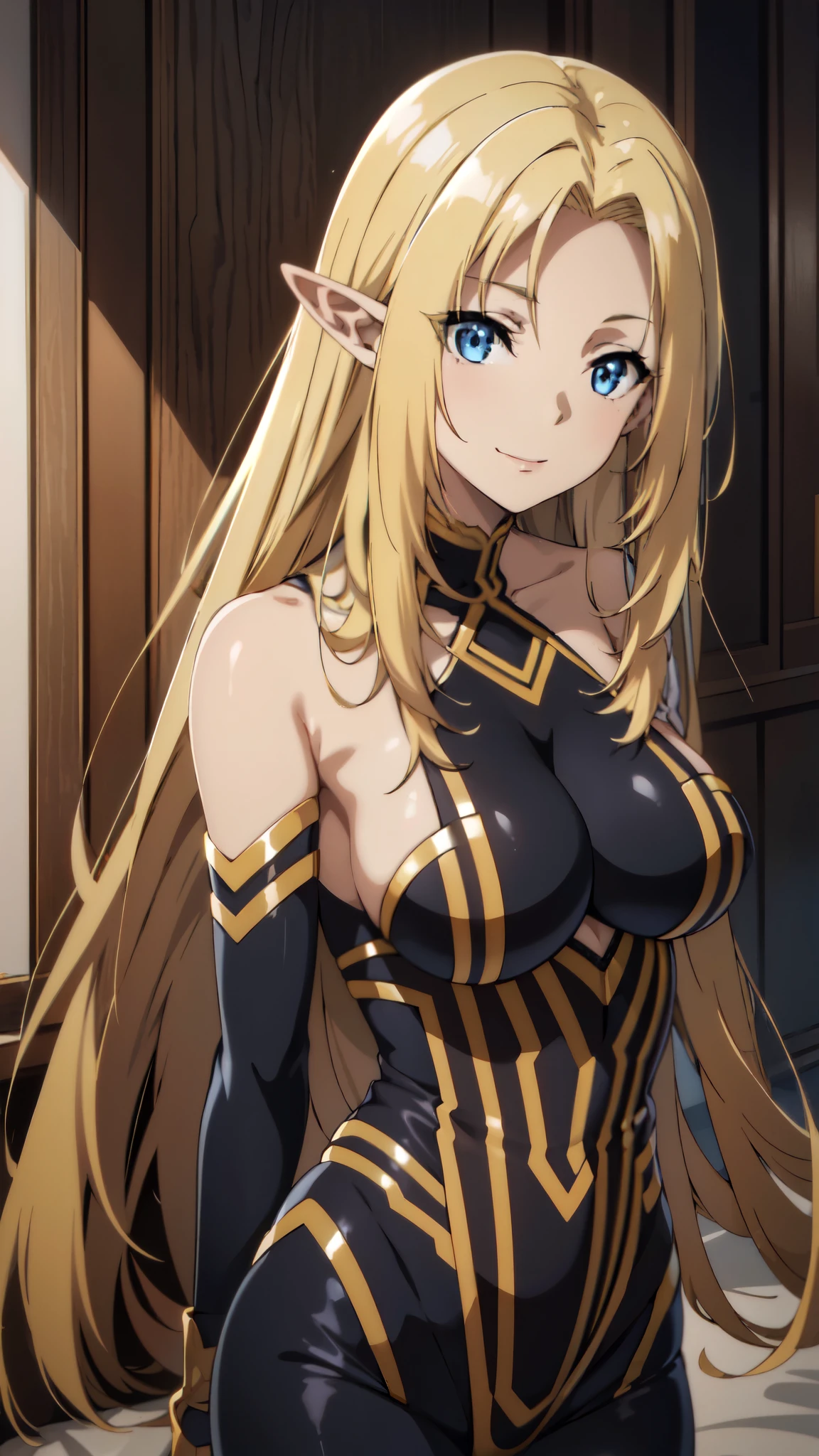 (Upper Body),medium shot,anime,masterpiece,Portraiture, 8k,Realistic, Elegant mature elven woman, Elf Ears,blue eyes, (Aesthetic Anime Eyes:1.4),Blonde Hair, Black bodysuit, smile,Beautiful breasts,8K resolution, High quality CG, Beautiful CG, Soft Light,looking at viewer,