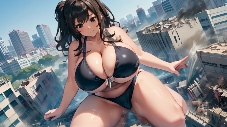 (One girl:1.5),,(Smile Beam:1.5),(whole body),((Huge breasts:1.6)),(垂れ下がったHuge breasts:1.6), ((Cleavage:1.5)),((Swimsuit:1.5)),, 40 years old,masterpiece,super high quality, Very detailed,Perfect photo,3D,8k,High resolution,Enchanting anime girl, Medium Hair:1.3,Black Hair,(black eye:1.5),Sporty hairstyles,Smooth anime CG art,Huge breasts、Realistic、Perfect body line、aerial photograph、aerial photograph、Destroying the city with a smile、 (A giant girl bigger than a skyscraper destroys the city of Shibuya:1.5)、cute、 bikini、cute、Lie down Crush