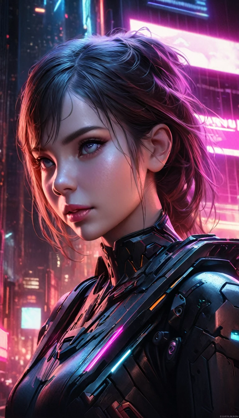 A highly detailed, photorealistic portrait of a young girl wearing a sophisticated bone-type reinforced exoskeleton armor, exquisitely crafted with intricate mechanical designs, sharp metallic edges, and glowing energy conduits, set against a futuristic, dystopian cityscape with towering skyscrapers, neon lights, and a moody, cyberpunk atmosphere, (best quality,4k,8k,highres,masterpiece:1.2),ultra-detailed,(realistic,photorealistic,photo-realistic:1.37),extremely detailed girl,beautiful detailed eyes,beautiful detailed lips,extremely detailed face and features,long eyelashes,highly detailed mechanical armor,advanced exoskeleton design,sharp metallic edges,glowing energy conduits,futuristic dystopian cityscape,towering skyscrapers,neon lights,moody cyberpunk atmosphere