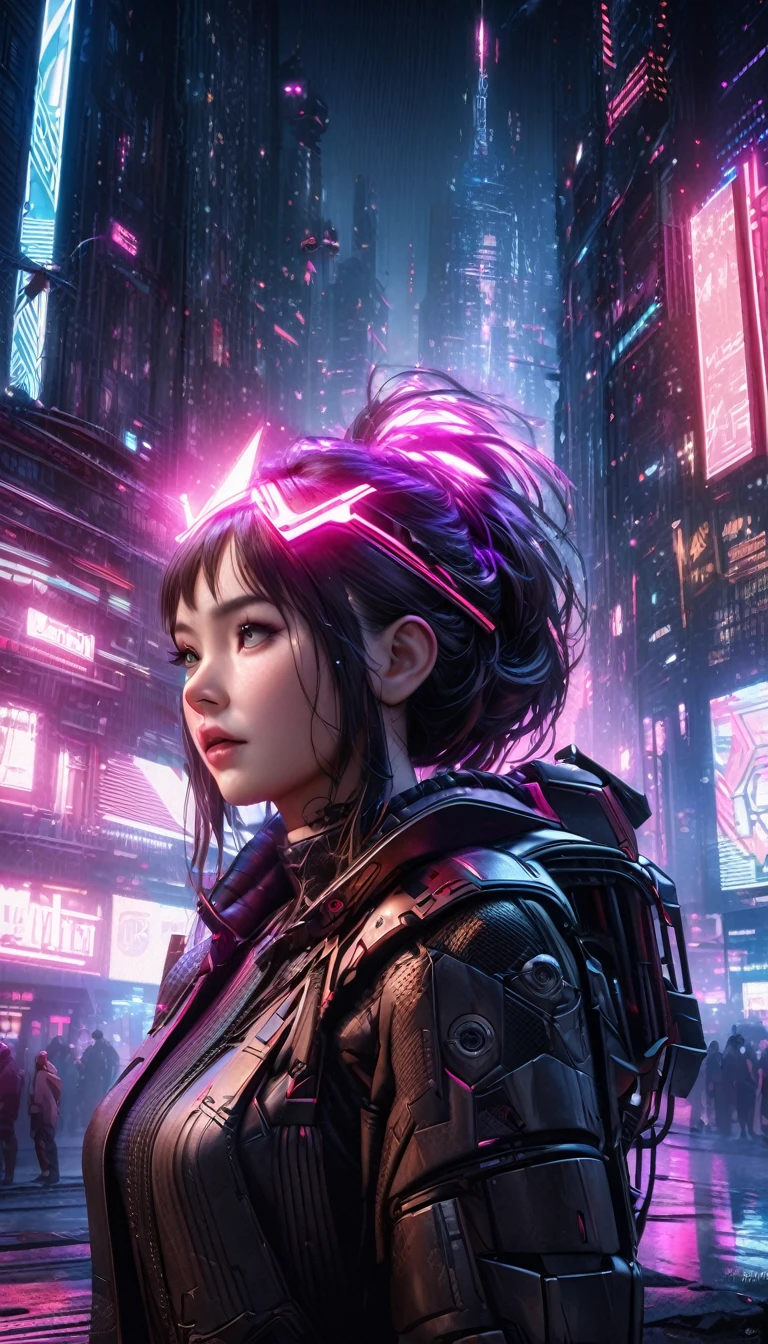 A highly detailed, photorealistic portrait of a young girl wearing a sophisticated bone-type reinforced exoskeleton armor, exquisitely crafted with intricate mechanical designs, sharp metallic edges, and glowing energy conduits, set against a futuristic, dystopian cityscape with towering skyscrapers, neon lights, and a moody, cyberpunk atmosphere, (best quality,4k,8k,highres,masterpiece:1.2),ultra-detailed,(realistic,photorealistic,photo-realistic:1.37),extremely detailed girl,beautiful detailed eyes,beautiful detailed lips,extremely detailed face and features,long eyelashes,highly detailed mechanical armor,advanced exoskeleton design,sharp metallic edges,glowing energy conduits,futuristic dystopian cityscape,towering skyscrapers,neon lights,moody cyberpunk atmosphere
