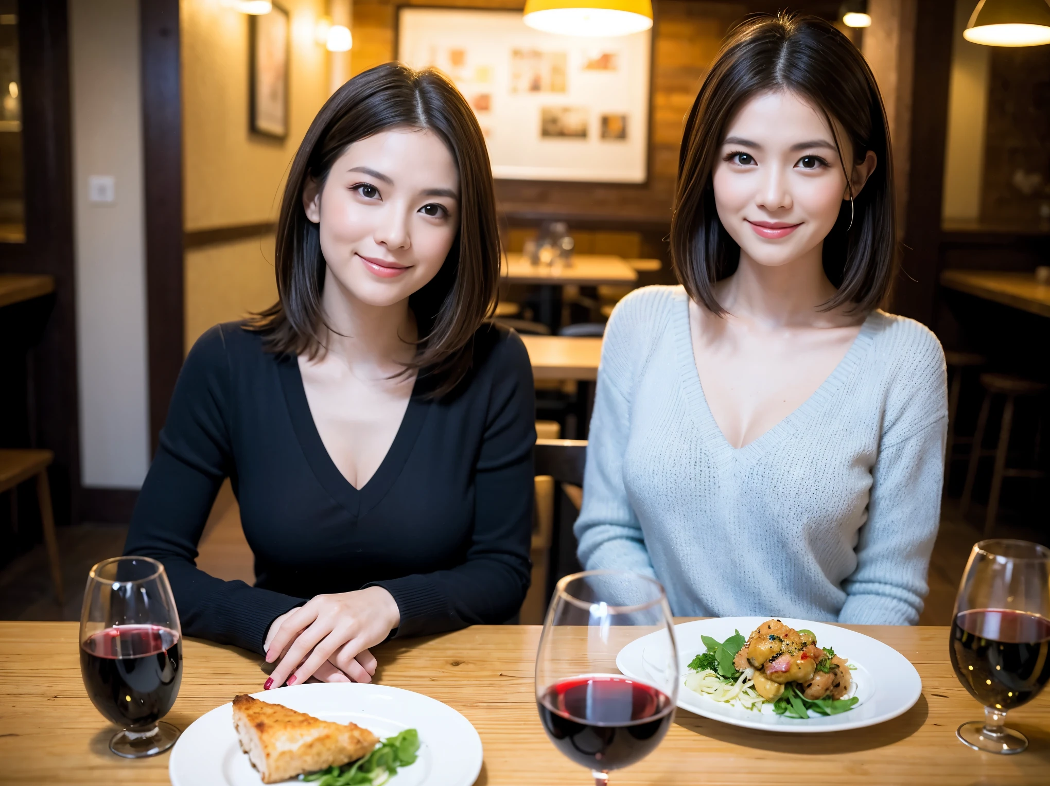 ((highest quality、8k、masterpiece:1.3))、1 male、1 female、石原さとみ似美女Couple、Spouse、Couple、The body is slim、((Bob Hale、Straight hair:1.2)), (Realistic, Intricate details:1.2), テーブルの上のwine glass、Shine light on your face、 Amazing view of the sunset sky and clouds、Amazing mountain views、A bright smile、The wonderfulness of smile、Bright image、The beauty of wine, Beautiful Face, blue eyes, The light shines on your face, Blushing, short hair,Bright Face、 (Age 37), 41 years old, red wine 、Appetizers、Italian food、Wine bottle、Champagne、sparkling wine、Two beauties、Brown Hair、Shortcuts、Long sleeve shirt、dress、Pretty Woman 1, (slimな顔), (The body is slim), (Brown Hair), (Shortcuts), cheeks turn a little red,Attractive beauty、restaurant, In a prominent place (From the waist up) Nova Frog Style, actress, model, Upper Body, White wine, slim, wine glass, 中央に置かれたwine glass, smile, (smile: 1.15), Beautiful fine grain, Depth f/2,saturation, High Contrast, Strong light and shadow,Moist Body:1.5、3D texture、Delicate eyes、Brown Hair、The hair is very shiny、