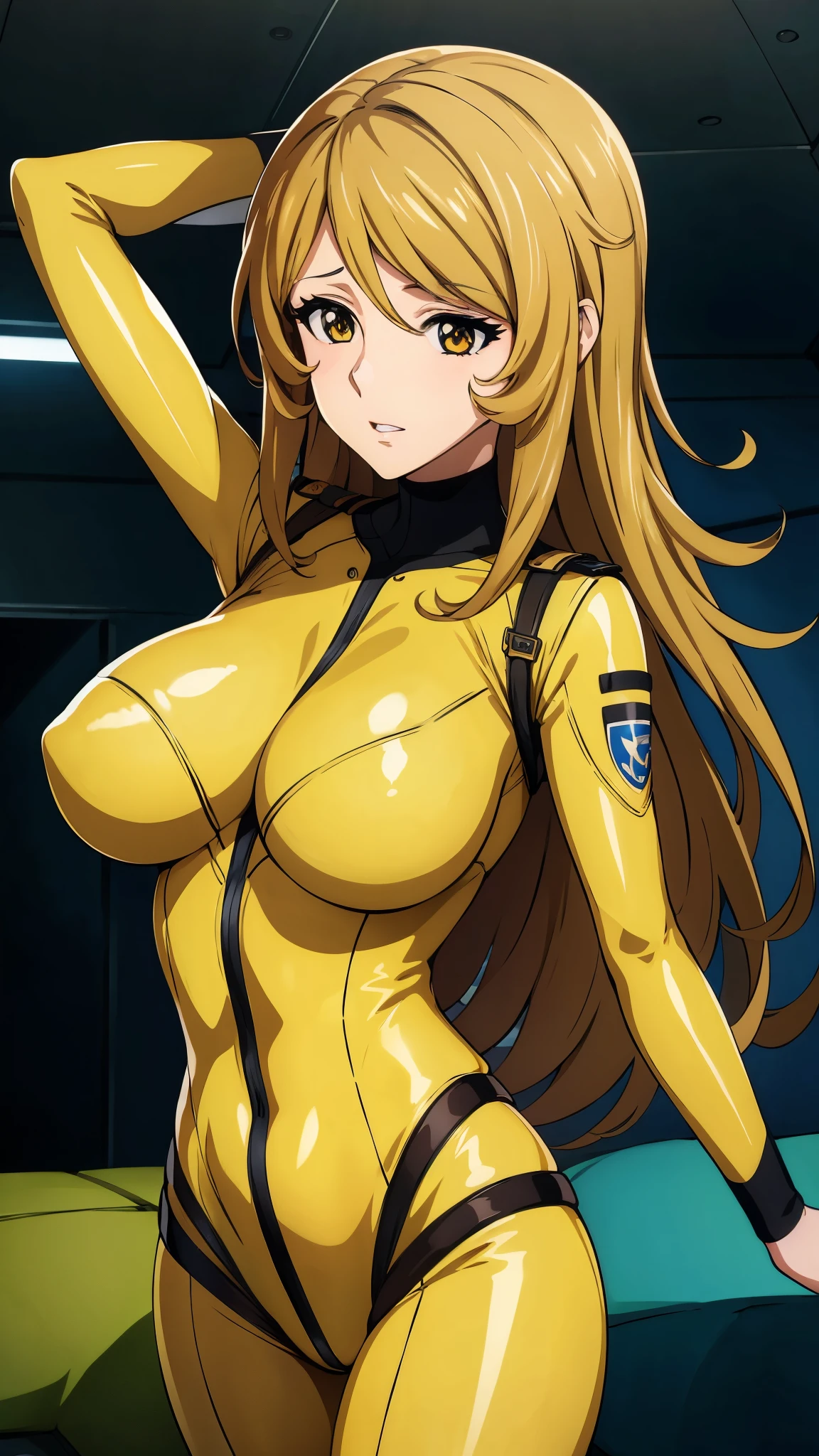 8k, One girl,Yellow bodysuit,Bright room,Inside the spaceship, Huge breasts, View Viewer, Brown eyes,(Aesthetic Anime Eyes:1.4), slender,Focus Only, Cowboy Shot,(masterpiece:1.4),(highest quality:1.4),(Shiny skin),Steaming body ,      