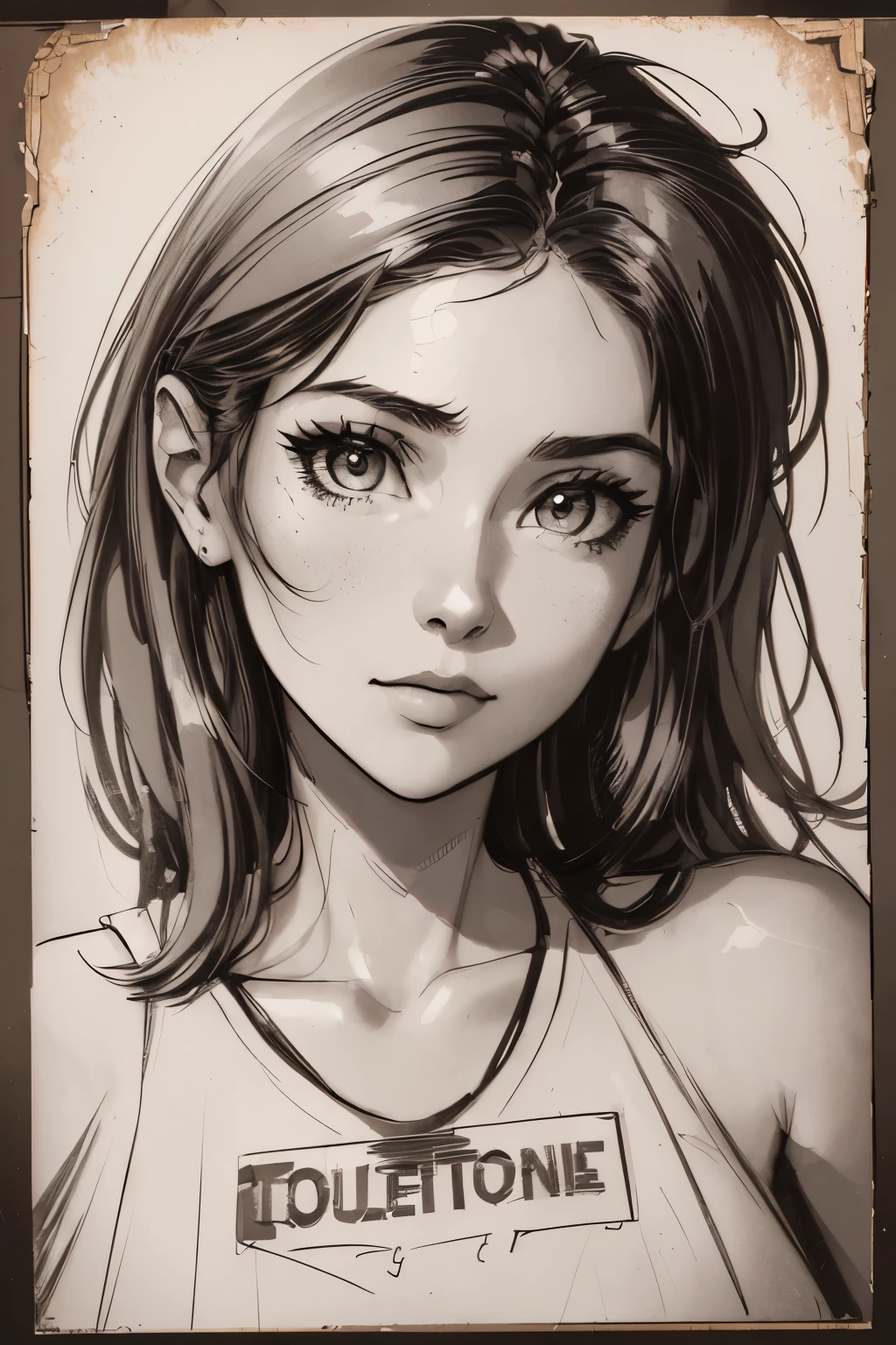 (Best quality,4K,A high resolution,Masterpiece:1.4), Monochrome style, ((Best quality, 8K, Masterpiece: 1.3)), full bodyesbian, Focus Clear: 1.2, Excellent aesthetics: 1.4, Slender abs: 1.2,  Black tank top, Highly detailed face and skin texture, Detailed eyes, A masterpiece of double eyelids for hair, High details, Sketch 1 with a pencil.4, Ink Sketch 1.4,, High-detail lighting, Slight smile, Fair skin, Isolated in a spacious space, Wide white margins