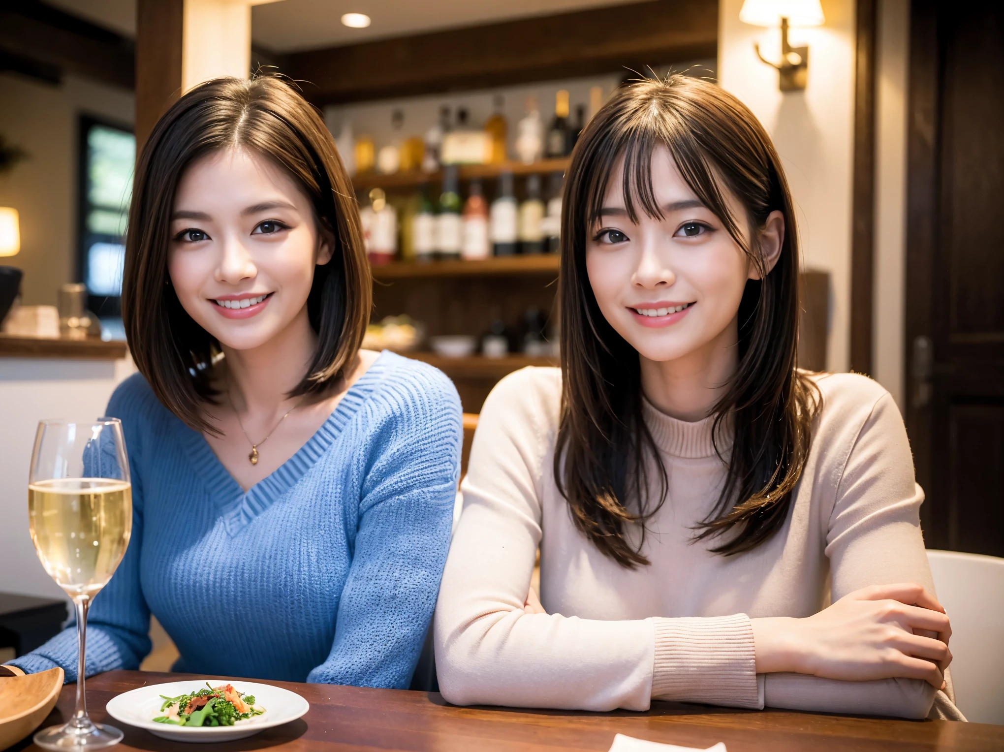 ((highest quality、8k、masterpiece:1.3))、1 male、1 female、石原さとみ似美女Couple、Spouse、Couple、The body is slim、((Bob Hale、Straight hair:1.2)), (Realistic, Intricate details:1.2), テーブルの上のwine glass、Shine light on your face、 Amazing view of the sunset sky and clouds、Amazing mountain views、A bright smile、The wonderfulness of smile、Bright image、The beauty of wine, Beautiful Face, blue eyes, The light shines on your face, Blushing, short hair,Bright Face、 (Age 37), 41 years old, red wine 、Appetizers、Italian food、Wine bottle、Champagne、sparkling wine、Two beauties、Brown Hair、Shortcuts、Long sleeve shirt、dress、Pretty Woman 1, (slimな顔), (The body is slim), (Brown Hair), (Shortcuts), cheeks turn a little red,Attractive beauty、restaurant, In a prominent place (From the waist up) Nova Frog Style, actress, model, Upper Body, White wine, slim, wine glass, 中央に置かれたwine glass, smile, (smile: 1.15), Beautiful fine grain, Depth f/2,saturation, High Contrast, Strong light and shadow,Moist Body:1.5、3D texture、Delicate eyes、Brown Hair、The hair is very shiny、