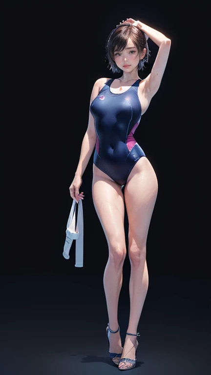 Pop art,,,,(she is standing,arms behind head,model posing:1.3),,,,,,(pink lipstick:1.2),,,,shy,,,,(embarrassed,blush:1.3),,, eyes smaller,,,whole body,,,,,(Her height is 190cm,Her inseam is 100cm,long leg,swell-shaped legs:1.5),,,,,sexy pose,,,,,UHD, anatomically correct, super detail, high details, best quality, 8k , depth of field,,,1 female,,(28 years old:1.2),,,(short hair,black hair:1.2),,,,,,(large breast,,,,No bra:1.2),,,,,,(she is a swimmer,,navy blue high leg swimsuit,,,high heels:1.5),,,,,,,,,,,,,,(Full body photo,studio photography,black background:1.5)