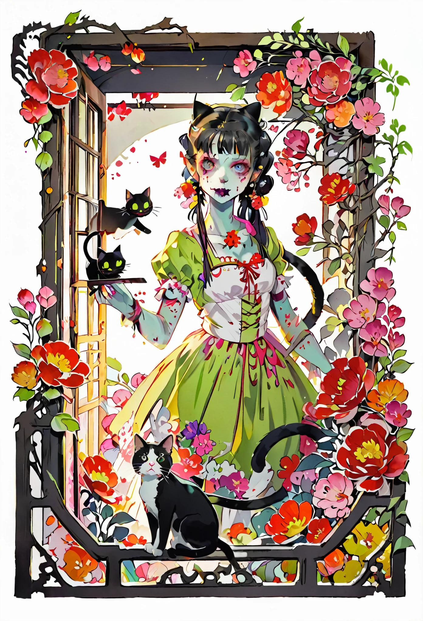 paper cutting style, 1 zombie girl, cat