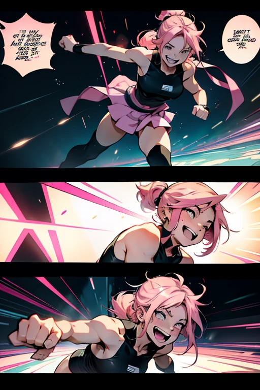 Insane girl with pink hair laughing and fighting using teleportation magic, manga page with panels and dialogue