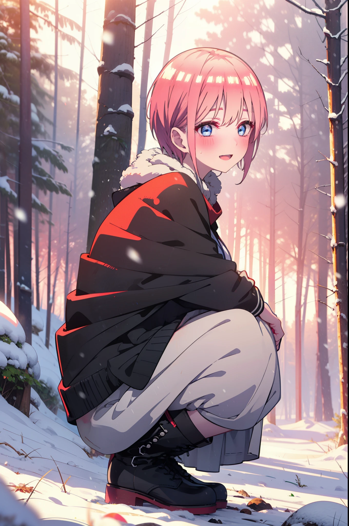 ichikanakano, ichika nakano, short hair, bangs, blue eyes, Hair between the eyes, smile,Pink Hair,smile,blush,White Breath,Big Breasts,
Open your mouth,snow,Ground bonfire, Outdoor, boots, snowing, From the side, wood, suitcase, Cape, Blurred, Increase your meals, forest, White handbag, nature,  Squat, Mouth closed, フードed Cape, winter, Written boundary depth, Black shoes, red Cape break looking at viewer, Upper Body, whole body, break Outdoor, forest, nature, break (masterpiece:1.2), highest quality, High resolution, unity 8k wallpaper, (shape:0.8), (Beautiful and beautiful eyes:1.6), Highly detailed face, Perfect lighting, Highly detailed CG, (Perfect hands, Perfect Anatomy),