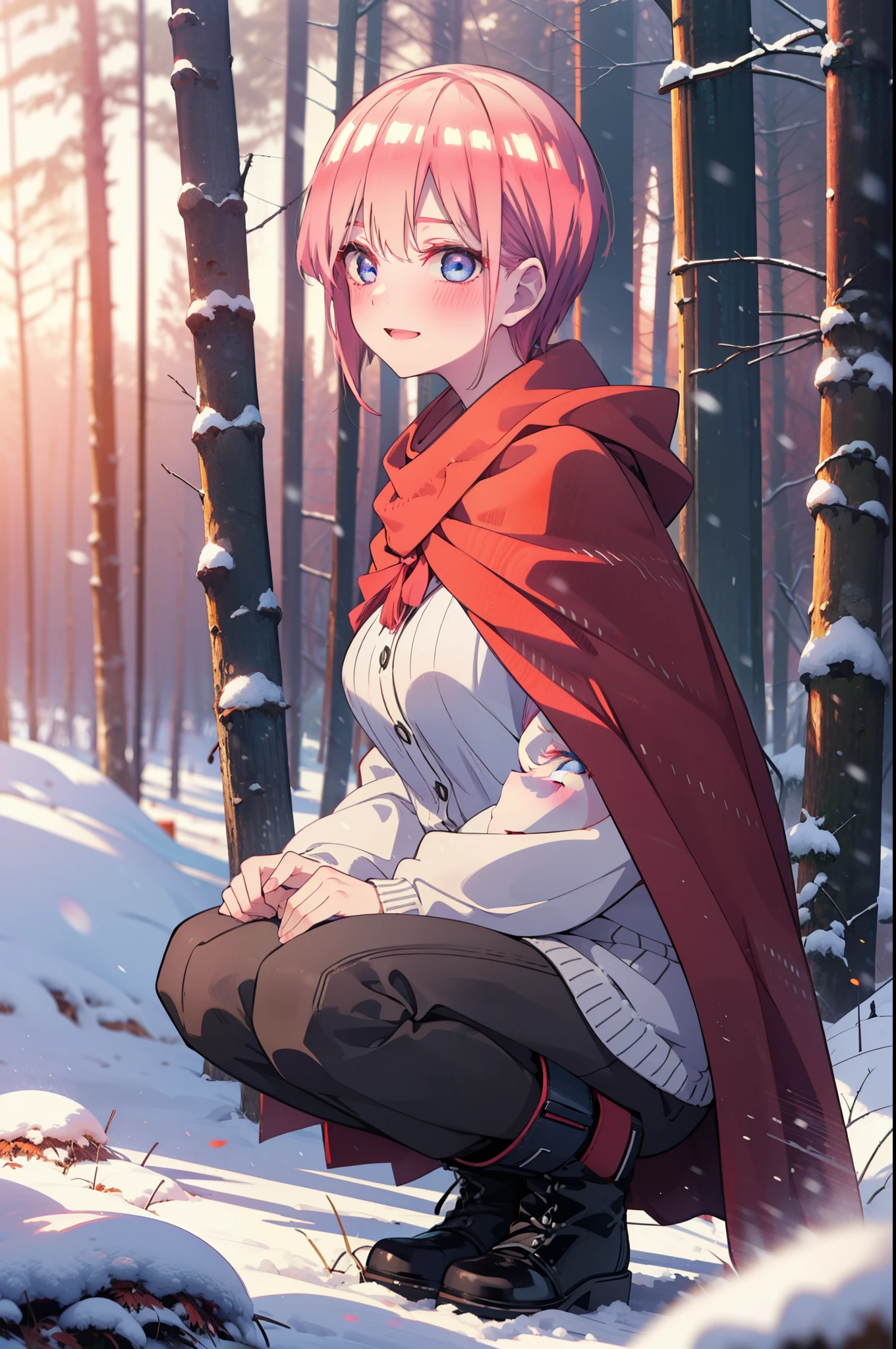 ichikanakano, ichika nakano, short hair, bangs, blue eyes, Hair between the eyes, smile,Pink Hair,smile,blush,White Breath,Big Breasts,
Open your mouth,snow,Ground bonfire, Outdoor, boots, snowing, From the side, wood, suitcase, Cape, Blurred, Increase your meals, forest, White handbag, nature,  Squat, Mouth closed, フードed Cape, winter, Written boundary depth, Black shoes, red Cape break looking at viewer, Upper Body, whole body, break Outdoor, forest, nature, break (masterpiece:1.2), highest quality, High resolution, unity 8k wallpaper, (shape:0.8), (Beautiful and beautiful eyes:1.6), Highly detailed face, Perfect lighting, Highly detailed CG, (Perfect hands, Perfect Anatomy),