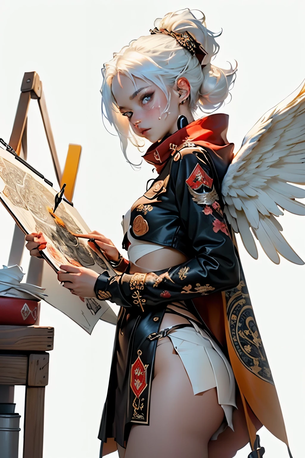 ((best quality)), ((masterpiece)), (detailed), perfect face ((best quality)), ((masterpiece)), (detailed), perfect face(Golden ratio:1.2),(Fault color:1.3),[(White background:1.4)::10], (full bodyesbian:1.2),(Ultra-detailed:1.3),(tarot:1.6),(magister (tarot):1.6), (Paper:1.2)（Red and white color background） (colorful ink paper flower grow on the face:1.2), s girl，White hair，Red glowing eyes, sportrait, photorealestic,（（（Red and white trench coat））），（Red scarf)，a black pleated skirt，black t-shirts，longer sleeves，（（With a hood）, ((Multiple pairs of angel wings))，side-lighting, the wallpaper, NSFW, Depicting female characters from ethereal anime in a high-quality anime art style，，，8K，Red and white shoes with a sense of technology, (nagative space:0.8),(Drawing board:1.3), (ether colorful ink flowing:1.3)