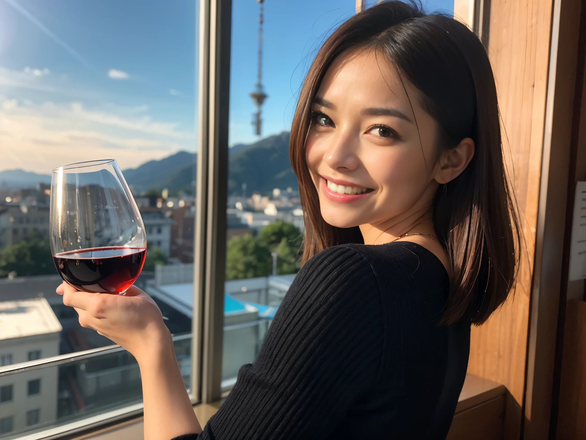 ((highest quality、8k、masterpiece:1.3))、1 male、1 female、石原さとみ似美女Couple、Spouse、Couple、The body is slim、((Bob Hale、Straight hair:1.2)), (Realistic, Intricate details:1.2), テーブルの上のwine glass、Shine light on your face、 Amazing view of the sunset sky and clouds、Amazing mountain views、A bright smile、The wonderfulness of smile、Bright image、The beauty of wine, Beautiful Face, blue eyes, The light shines on your face, Blushing, short hair,Bright Face、 (Age 37), 41 years old, red wine 、Appetizers、Italian food、Wine bottle、Champagne、sparkling wine、Two beauties、Brown Hair、Shortcuts、Long sleeve shirt、dress、Pretty Woman 1, (slimな顔), (The body is slim), (Brown Hair), (Shortcuts), cheeks turn a little red,Attractive beauty、restaurant, In a prominent place (From the waist up) Nova Frog Style, actress, model, Upper Body, White wine, slim, wine glass, 中央に置かれたwine glass, smile, (smile: 1.15), Beautiful fine grain, Depth f/2,saturation, High Contrast, Strong light and shadow,Moist Body:1.5、3D texture、Delicate eyes、Brown Hair、The hair is very shiny、