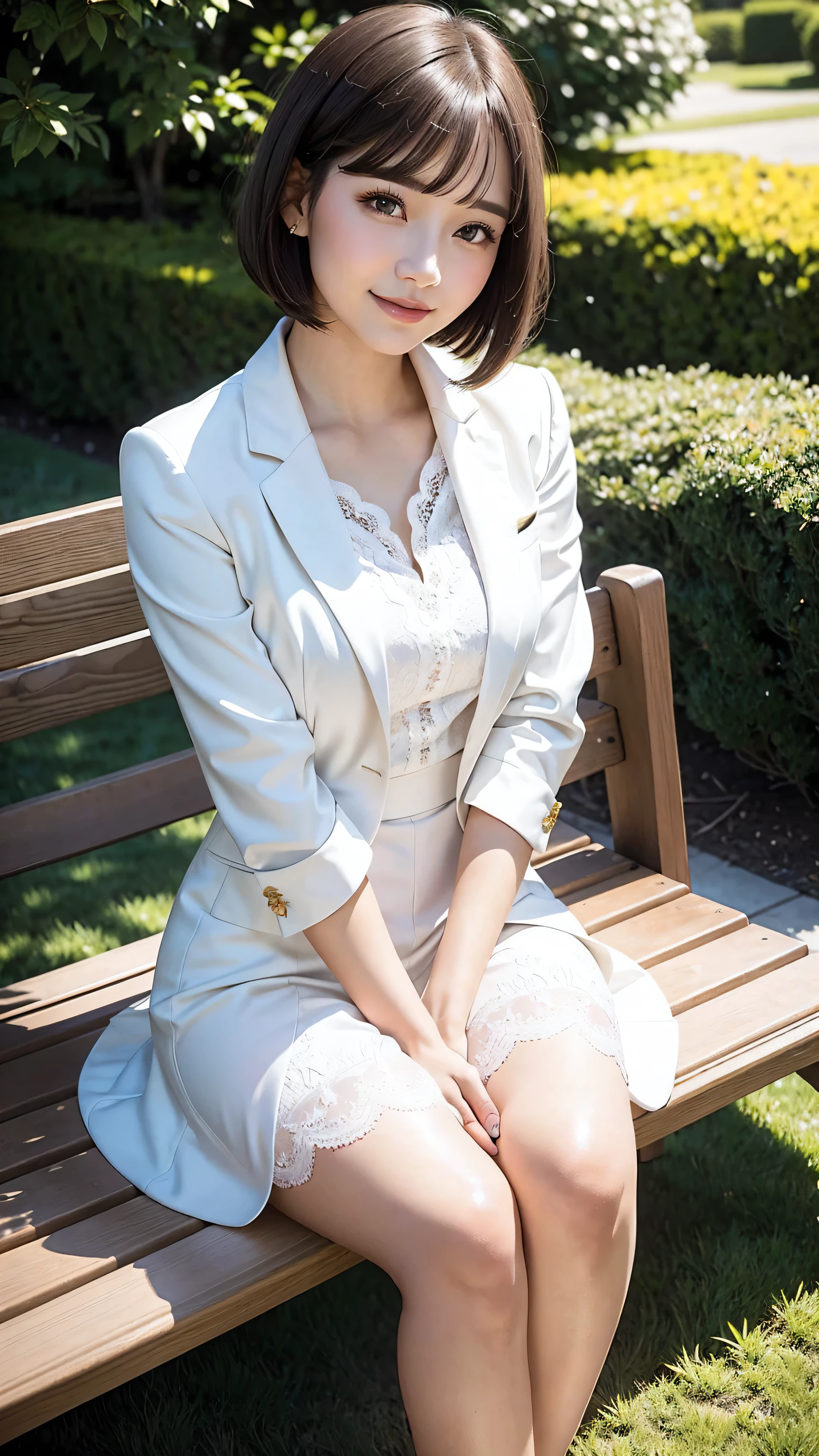sunny day, Elegant photo of a girl in a blazer dress, (Puffy eyes:1.05), (White lace shirt), Platinum brown hair, (Angled Bob:1.4), Flat bangs, (Flowing hair), smile, Happy, happiness, Skin with attention to detail, Skin pores, A beautiful innocent symmetrical face, Long eyelashes, Black eyeliner, Light gold eyeshadow,(Sit on a bench), Crossed_feet, Emotional, Wind, garden, wood, Grass, masterpiece, highest quality, Realistic,Bobcut