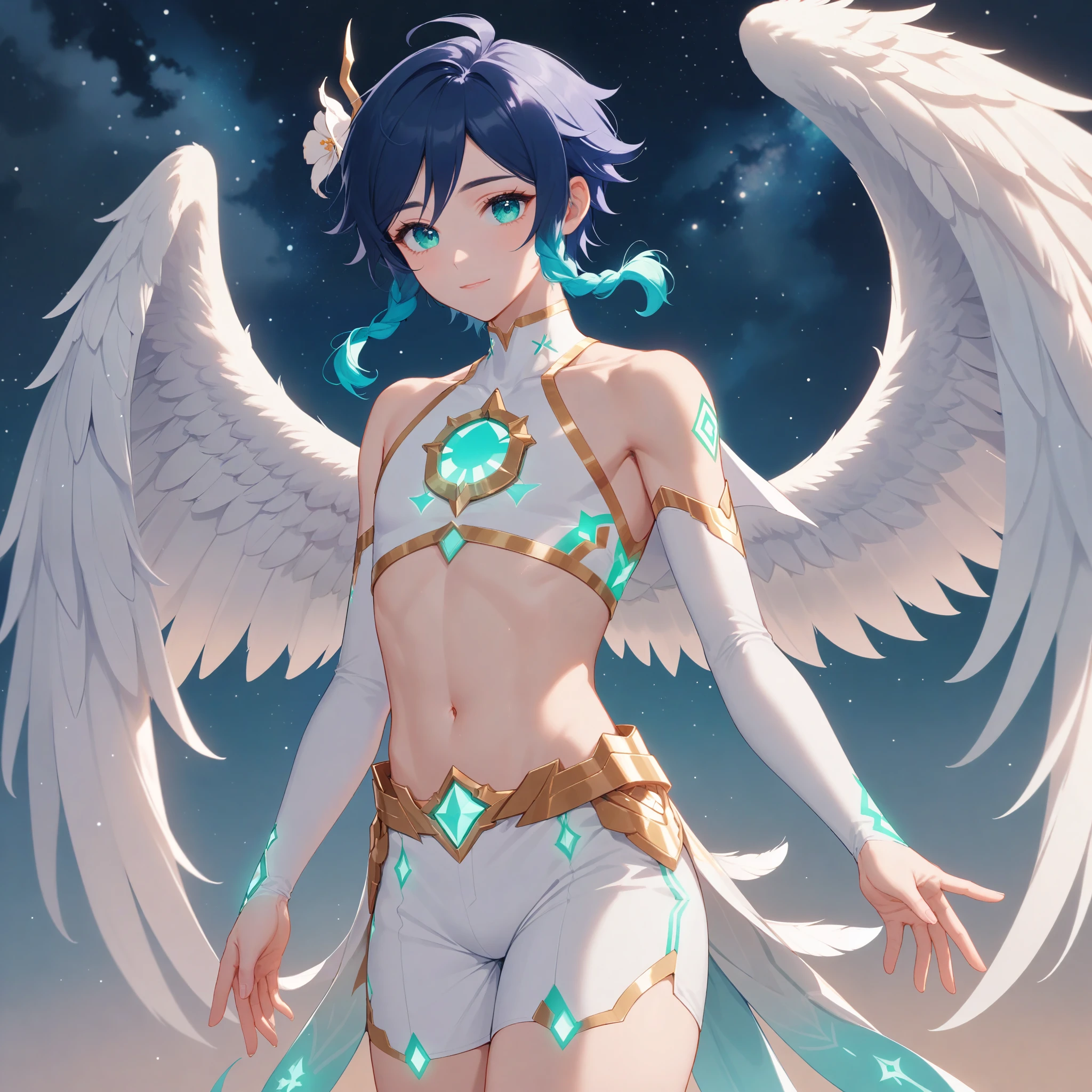 masterpiece,best quality,very aesthetic,absurdres,1boy,venti_/(archon/)_/(genshin_impact/),male_focus,detailed_eyes,(gnns:0.25),white feathered_wings,white halter_top,white shorts with long train,hair_flower,midriff,black blue hair gradient,dsmile,((flat chest)),starry_sky,moon,starry_sky_print,((green eyes)),feathers,divine,detailed_eyes,long_eyelashes,pink_lips,glossy lips,narrow_waist,wide_hips,seductive,flirtatious