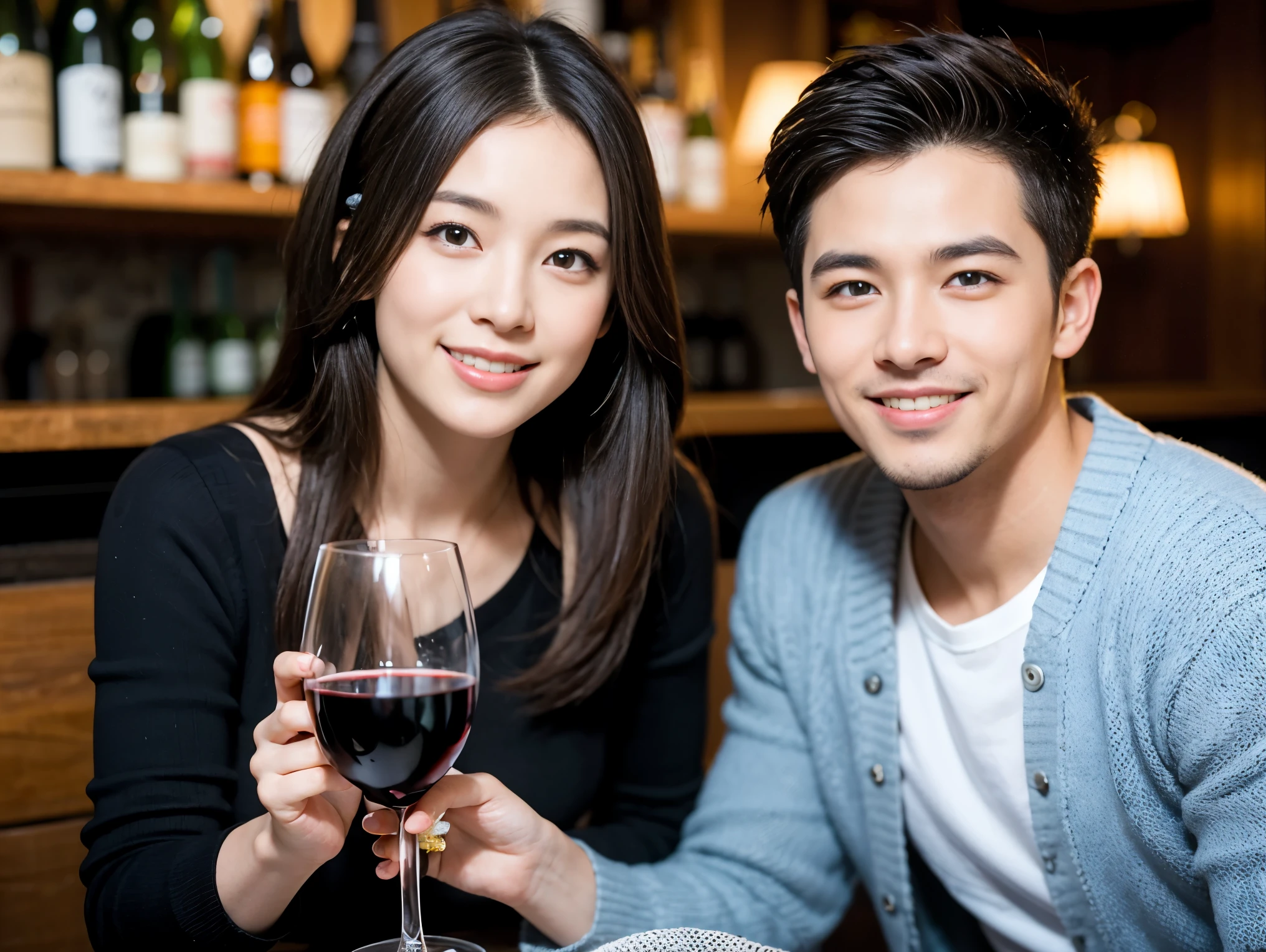 ((highest quality、8k、masterpiece:1.3))、1 male、1 female、石原さとみ似美女Couple、Spouse、Couple、The body is slim、((Bob Hale、Straight hair:1.2)), (Realistic, Intricate details:1.2), テーブルの上のwine glass、Shine light on your face、 Amazing view of the sunset sky and clouds、Amazing mountain views、A bright smile、The wonderfulness of smile、Bright image、The beauty of wine, Beautiful Face, blue eyes, The light shines on your face, Blushing, short hair,Bright Face、 (Age 37), 41 years old, red wine 、Appetizers、Italian food、Wine bottle、Champagne、sparkling wine、Two beauties、Brown Hair、Shortcuts、Long sleeve shirt、dress、Pretty Woman 1, (slimな顔), (The body is slim), (Brown Hair), (Shortcuts), cheeks turn a little red,Attractive beauty、restaurant, In a prominent place (From the waist up) Nova Frog Style, actress, model, Upper Body, White wine, slim, wine glass, 中央に置かれたwine glass, smile, (smile: 1.15), Beautiful fine grain, Depth f/2,saturation, High Contrast, Strong light and shadow,Moist Body:1.5、3D texture、Delicate eyes、Brown Hair、The hair is very shiny、