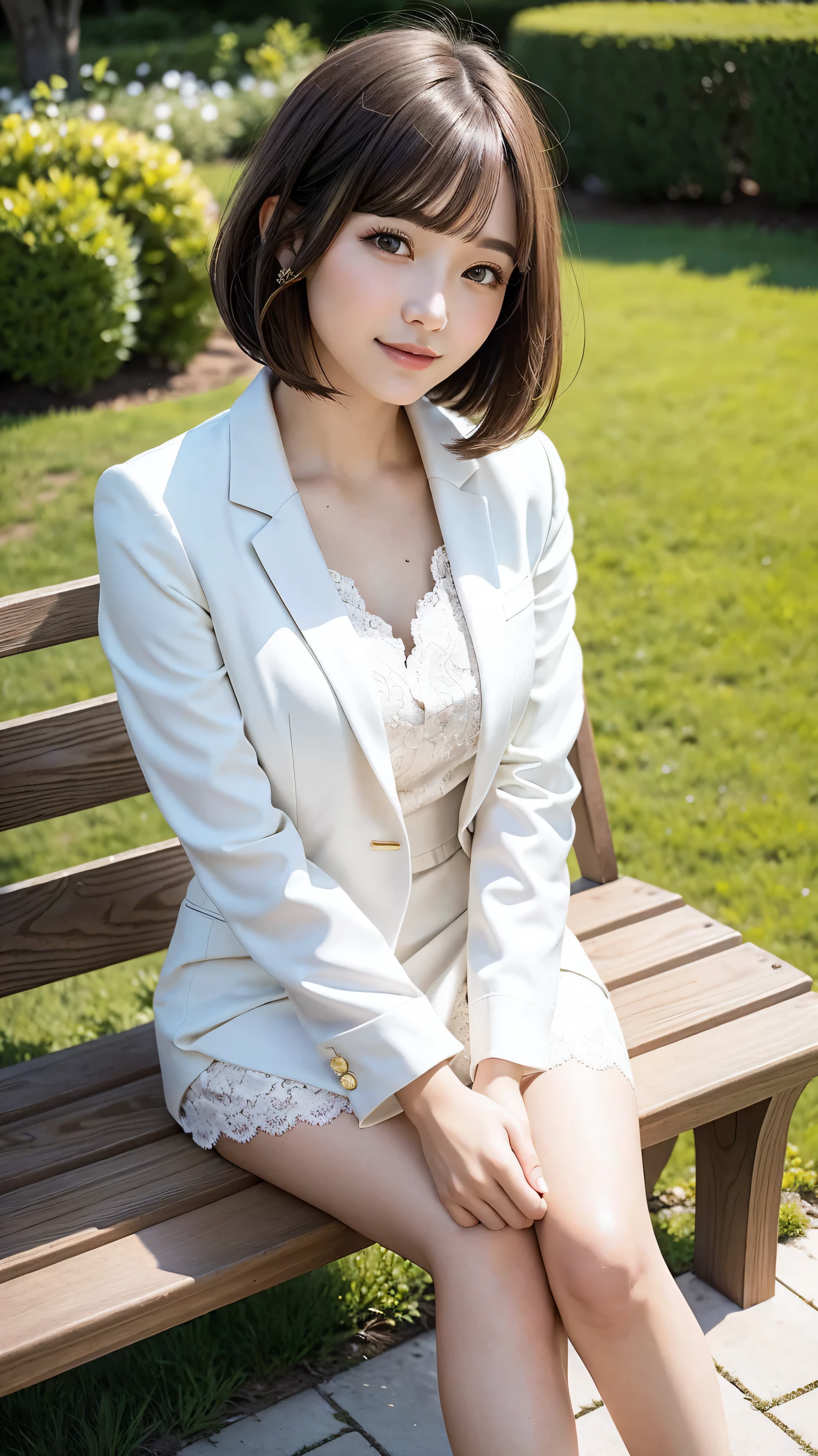 (Photorealistic: 1.4), Masterpiece, Ultra High Resolution, RAW Photo, Best Quality, (Open Smile: 4.0), (Big Smile: 1.5), (White Teeth: 2.0), (Sexy: 1.4), Raw Photo, 1 Beautiful Married Woman Japan 18 years old, Pure White Skin, (Cute: 3.0), (Eyes with Lowered Corners of the Eyes: 2.0), (Large, Round Eyes: 3.0), (Moisturized Eyes: 3.0), ( Upper eye on camera: 3.0), (eyebrows lowered into a figure eight: 2.0), blush, slender, (black short hair: 1.2), shirt with bangs, breast line clearly protruding, (jacket with open chest: 2.0), (short flared mini skirt: 1.4), (panchira: 3.0), twisted mini skirt, (white lace panties 3.0), woman in suit, exposed thighs, exposed crotch, lace bra,