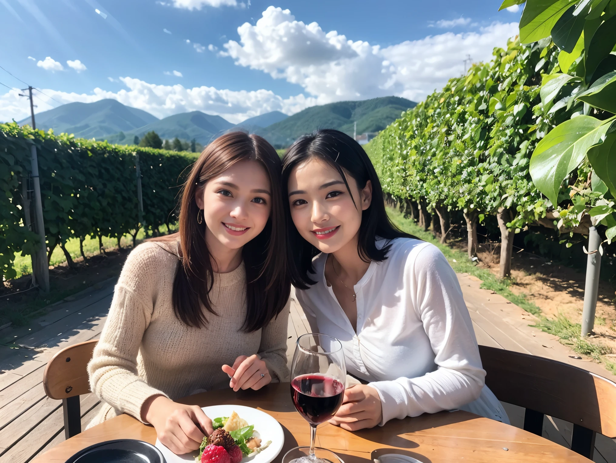 ((highest quality、8k、masterpiece:1.3))、1 male、1 female、石原さとみ似美女Couple、Spouse、Couple、The body is slim、((Bob Hale、Straight hair:1.2)), (Realistic, Intricate details:1.2), テーブルの上のwine glass、Shine light on your face、 Amazing view of the sunset sky and clouds、Amazing mountain views、A bright smile、The wonderfulness of smile、Bright image、The beauty of wine, Beautiful Face, blue eyes, The light shines on your face, Blushing, short hair,Bright Face、 (Age 37), 41 years old, red wine 、Appetizers、Italian food、Wine bottle、Champagne、sparkling wine、Two beauties、Brown Hair、Shortcuts、Long sleeve shirt、dress、Pretty Woman 1, (slimな顔), (The body is slim), (Brown Hair), (Shortcuts), cheeks turn a little red,Attractive beauty、restaurant, In a prominent place (From the waist up) Nova Frog Style, actress, model, Upper Body, White wine, slim, wine glass, 中央に置かれたwine glass, smile, (smile: 1.15), Beautiful fine grain, Depth f/2,saturation, High Contrast, Strong light and shadow,Moist Body:1.5、3D texture、Delicate eyes、Brown Hair、The hair is very shiny、