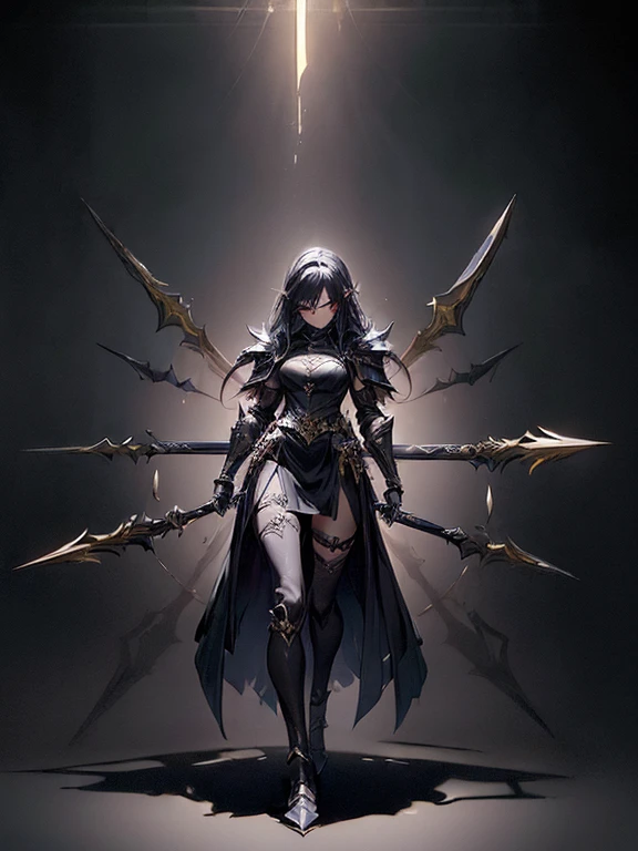 Design a layout showcase Gaming character, (1girl),(perfect face). Black|Gold clothes, opulent and dark. ((showcase weapon:1.4)), cursed blade. (masterpiece:1.2), (best quality), 4k, ultra-detailed. (Step by step design, layout art:1.5), (gloomy lighting, cursed atmosphere). dark knight, ((cursed gloves)), (((revealing armor:1.3))), dark vambraces, cursed boots, (((full_body_shot:1.4))).