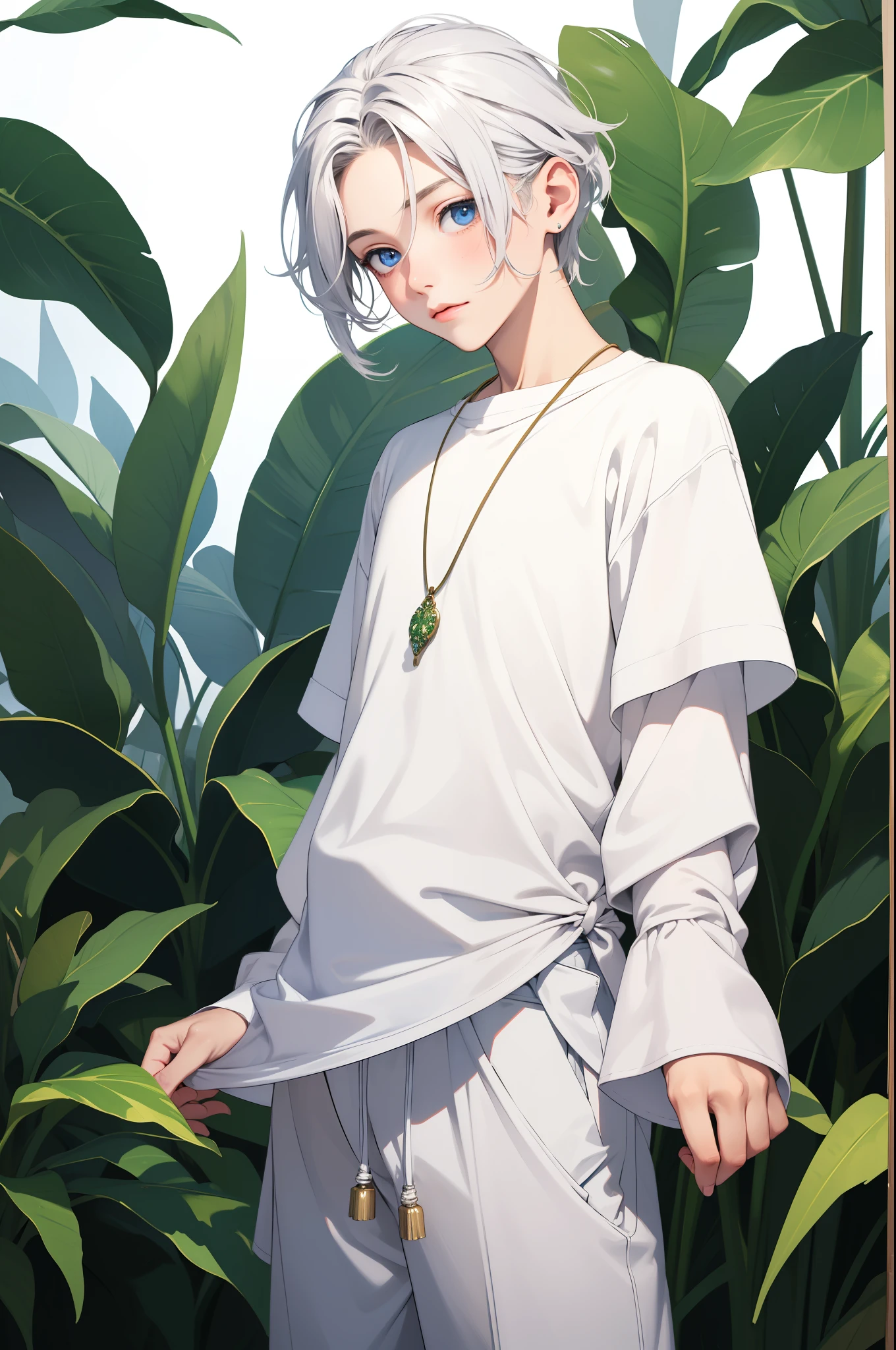 a really cute boy, age 5, shiny heavenly blue eyes, white lush hair, slightly tanned skin, in a full sleeve white shirt, half pants, green pendent, plain adorable look, looking at viewer