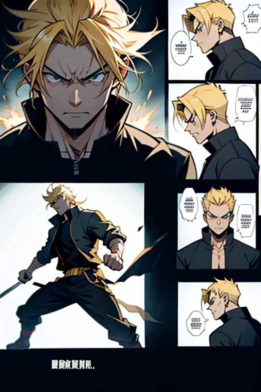 Anime guy with blonde hair, extremely angry, fighting, full body shots, manga page with panels and dialogue