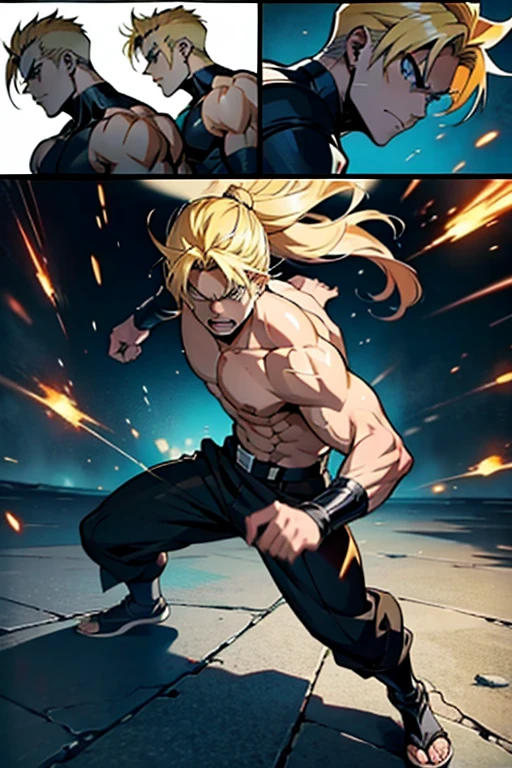 Anime guy with blonde hair, extremely angry, fighting, full body shots, manga page with panels and dialogue