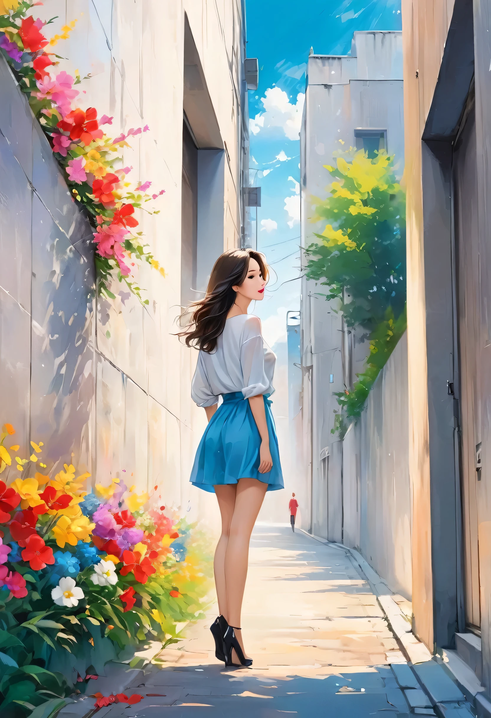 Watase Seizo style, Standing in front of a high wall,Simple Line Initialism,Abstract art,Urban Background, (((The most beautiful girl))), Lips in Love, walking, colorful flowers