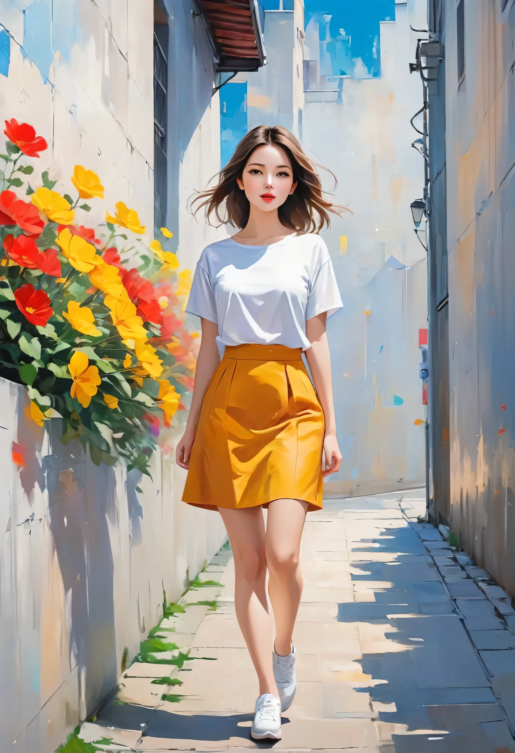 Watase Seizo style, Standing in front of a high wall,Simple Line Initialism,Abstract art,Urban Background, (((The most beautiful girl))), Lips in Love, walking, colorful flowers