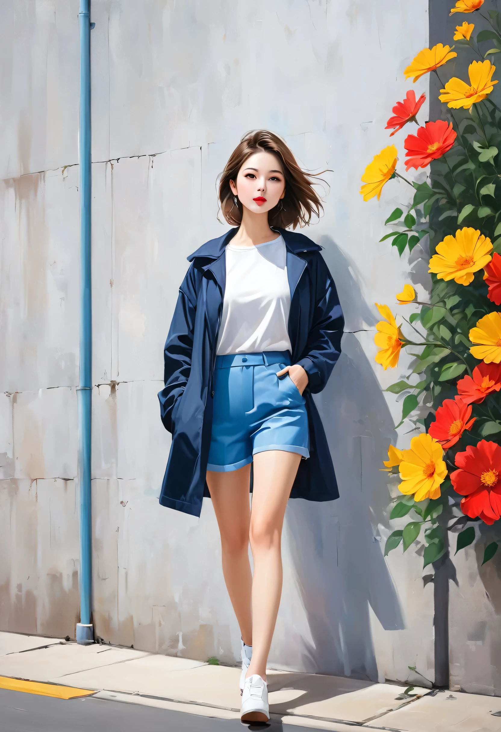 Watase Seizo style, Standing in front of a high wall,Simple Line Initialism,Abstract art,Urban Background, (((The most beautiful girl))), Lips in Love, walking, colorful flowers