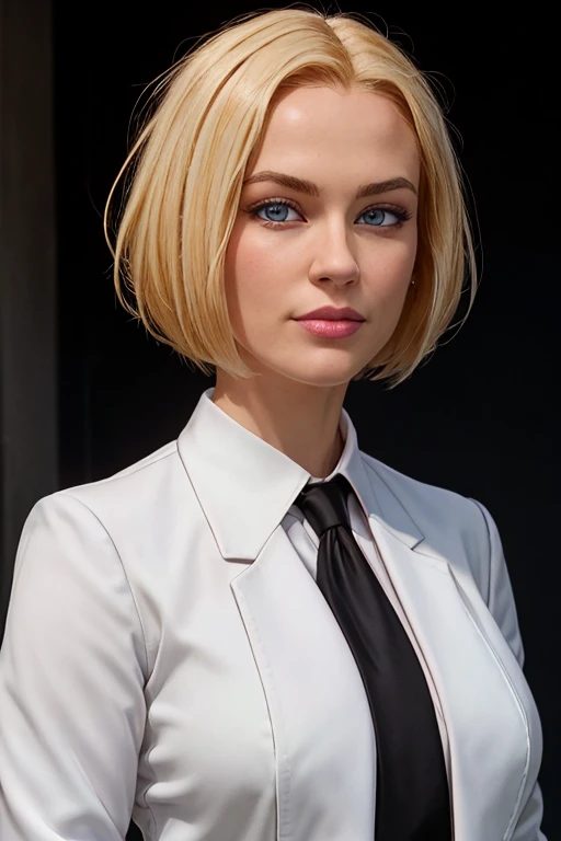 masterpiece, high quality, best quality, realistic, fine detail, formal black suit, black necktie, MIBSuit, white shirt, Black Suit, Black Jacket Coat, Formal Look, large breasts, (muscular female:0.8), portrait, upper body, blank background, Agent L, blue eyes, blonde hair, short hair, bob hair, black suit, black jacket