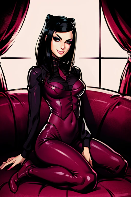 1 garota, Perfect hands best quality, olhos expressivos, rosto perfeito, parte superior do corpo grande, corpo todo, sorriso, corar, Wearing full body red latex suit, dentro de casa, dia, fundo simples, sitting not sofa, olhando , Brilliant sky, olhando at viewer, escadaria, moody lighting,