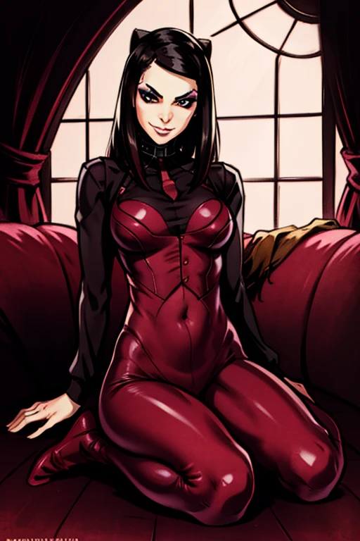 1 garota, Perfect hands best quality, olhos expressivos, rosto perfeito, parte superior do corpo grande, corpo todo, sorriso, corar, Wearing full body red latex suit, dentro de casa, dia, fundo simples, sitting not sofa, olhando , Brilliant sky, olhando at viewer, escadaria, moody lighting,