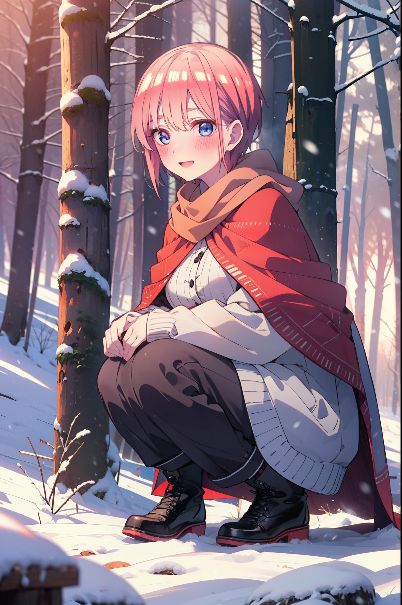 ichikanakano, ichika nakano, short hair, bangs, blue eyes, Hair between the eyes, smile,Pink Hair,smile,blush,White Breath,Big Breasts,
Open your mouth,snow,Ground bonfire, Outdoor, boots, snowing, From the side, wood, suitcase, Cape, Blurred, Increase your meals, forest, White handbag, nature,  Squat, Mouth closed, フードed Cape, winter, Written boundary depth, Black shoes, red Cape break looking at viewer, Upper Body, whole body, break Outdoor, forest, nature, break (masterpiece:1.2), highest quality, High resolution, unity 8k wallpaper, (shape:0.8), (Beautiful and beautiful eyes:1.6), Highly detailed face, Perfect lighting, Highly detailed CG, (Perfect hands, Perfect Anatomy),